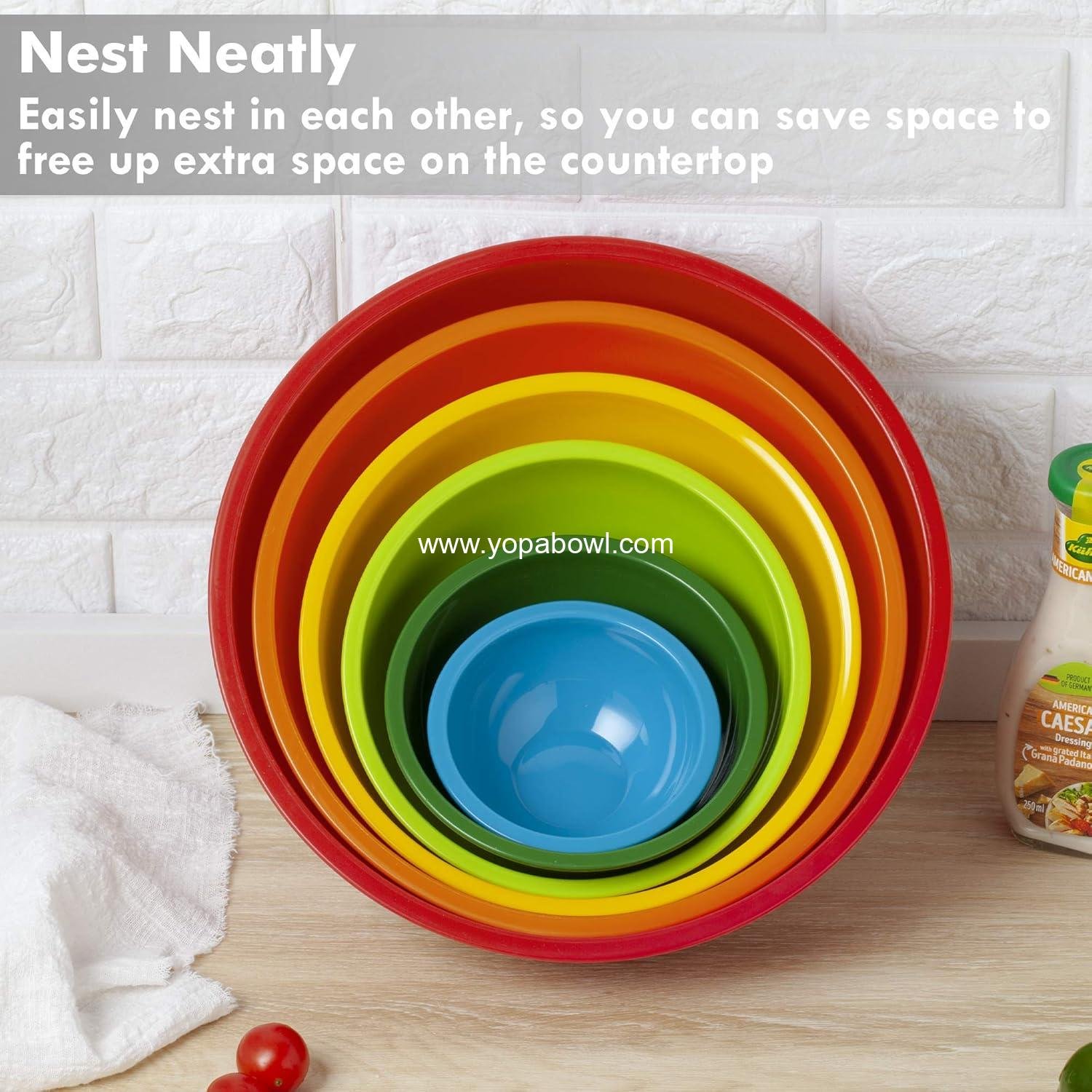 Wholesale 6 Piece Colorful Plastic Mixing Bowls Set for Kitchen, Ideal for Baking, Prepping, and Cooking, Nesting Design for Space Saving Storage, Rainbow Factory