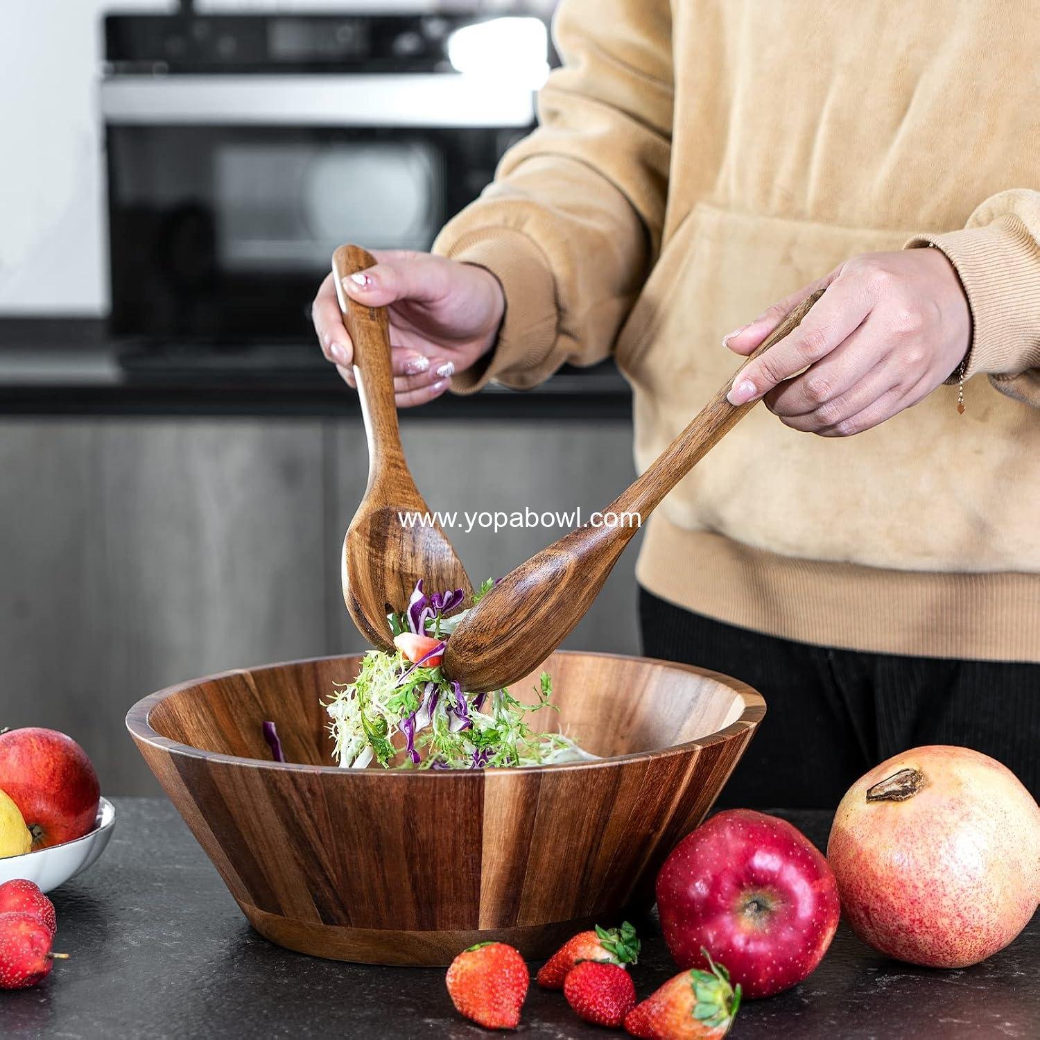 Wholesale 12'' Acacia Wood Salad Bowl Set, Large Serving Bowl with Utensils - Factory Wholesale 12'' Acacia Wood Salad Bowl Set, Large Serving Bowl with Utensils - Factory