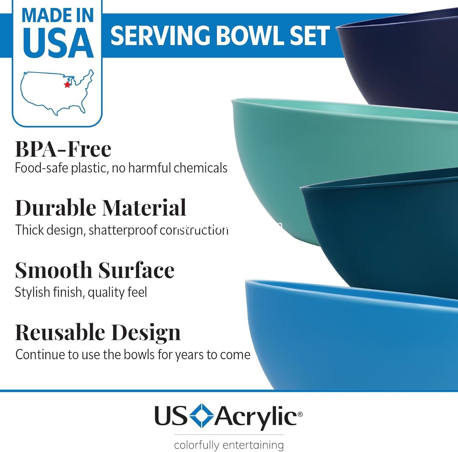 OEM Durable Plastic Salad Serving Bowls 10-inch | Set of 4 in Coastal Colors | Reusable, BPA-free | 135 oz. Capacity | Factory