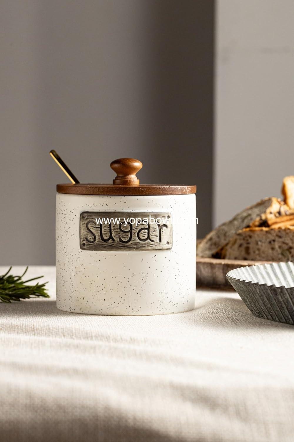 Wholesale Ceramic Sugar Bowl with Lid and Spoon, 15 OZ Sugar Holder for Coffee Bar Accessories, Sugar Jar for Countertop, Azucarera Farmhouse Kitchen, Factory