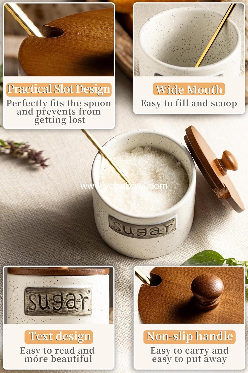 Wholesale Ceramic Sugar Bowl with Lid and Spoon, 15 OZ Sugar Holder for Coffee Bar Accessories, Sugar Jar for Countertop, Azucarera Farmhouse Kitchen, Factory