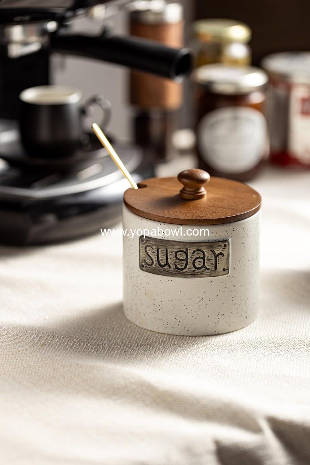 Wholesale Ceramic Sugar Bowl with Lid and Spoon, 15 OZ Sugar Holder for Coffee Bar Accessories, Sugar Jar for Countertop, Azucarera Farmhouse Kitchen, Factory