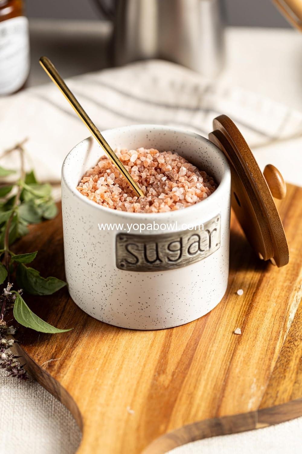 Wholesale Ceramic Sugar Bowl with Lid and Spoon, 15 OZ Sugar Holder for Coffee Bar Accessories, Sugar Jar for Countertop, Azucarera Farmhouse Kitchen, Factory