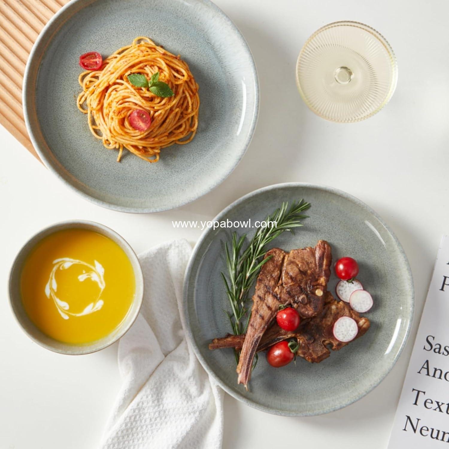 OEM Gradient Green Stoneware Dinnerware Set, 12 pcs Reactive Glaze Plates and Bowls for 4, Handmade Ceramic Round Dishes, Highly Chip and Crack Resistant Modern Plate Set, Factory