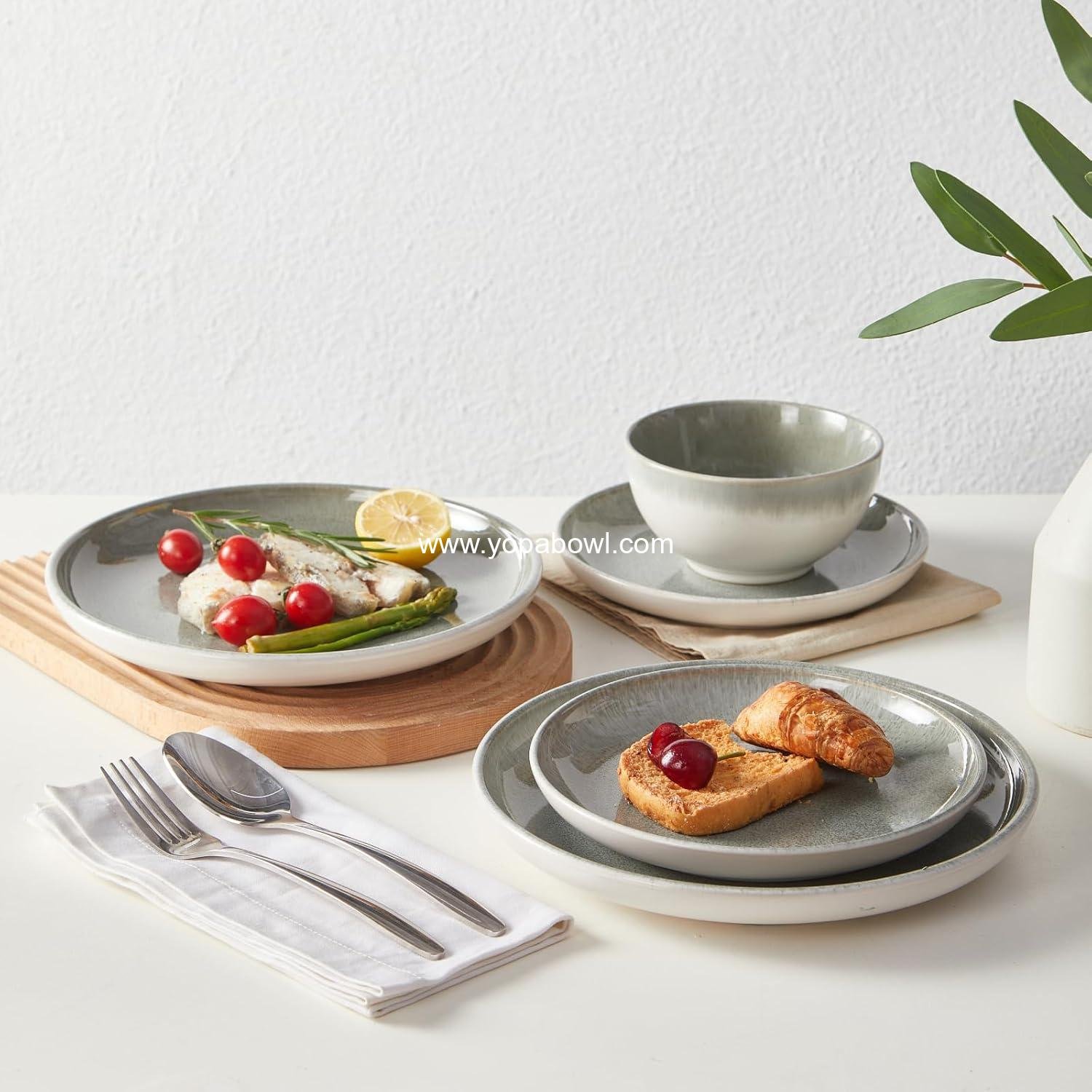 OEM Gradient Green Stoneware Dinnerware Set, 12 pcs Reactive Glaze Plates and Bowls for 4, Handmade Ceramic Round Dishes, Highly Chip and Crack Resistant Modern Plate Set, Factory