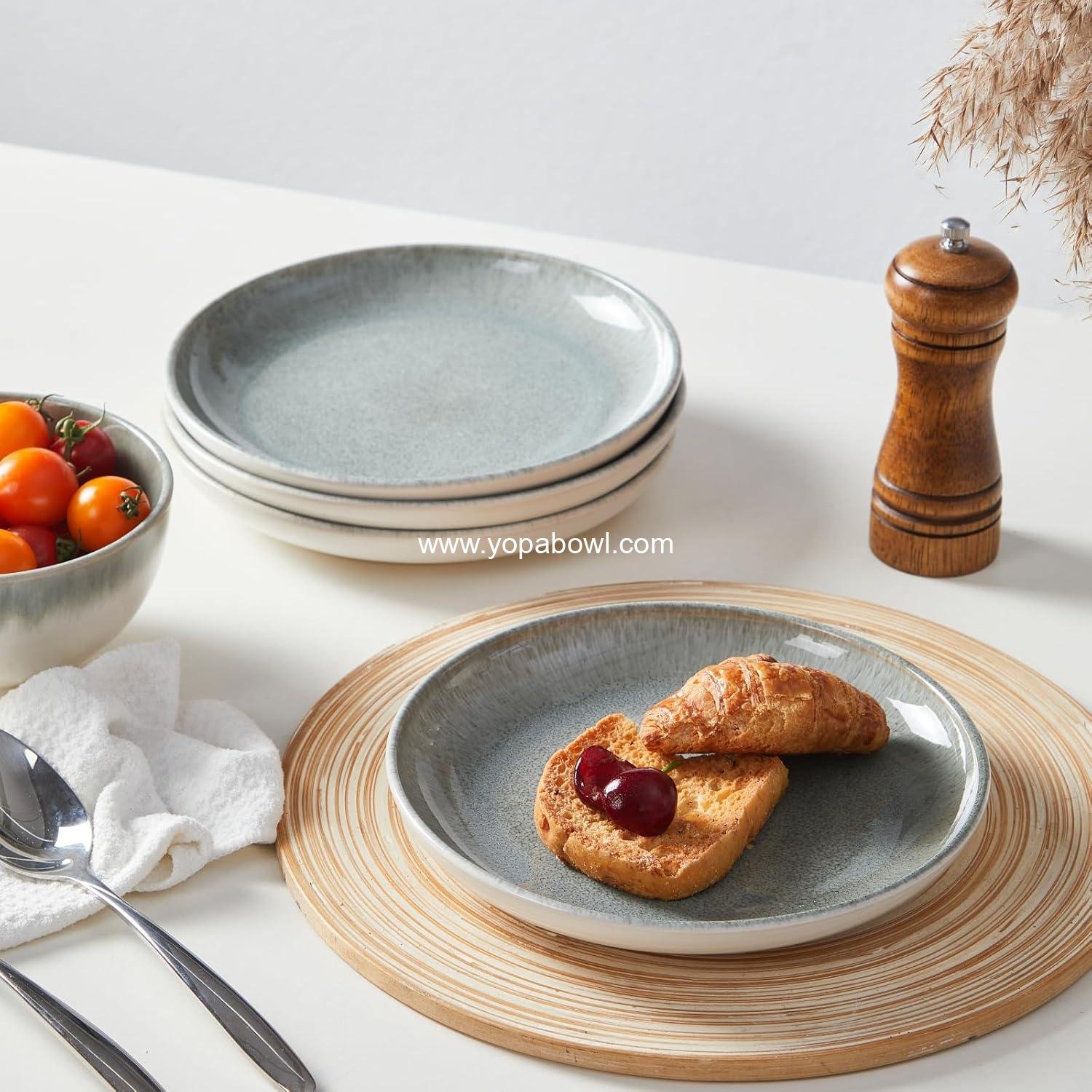 OEM Gradient Green Stoneware Dinnerware Set, 12 pcs Reactive Glaze Plates and Bowls for 4, Handmade Ceramic Round Dishes, Highly Chip and Crack Resistant Modern Plate Set, Factory