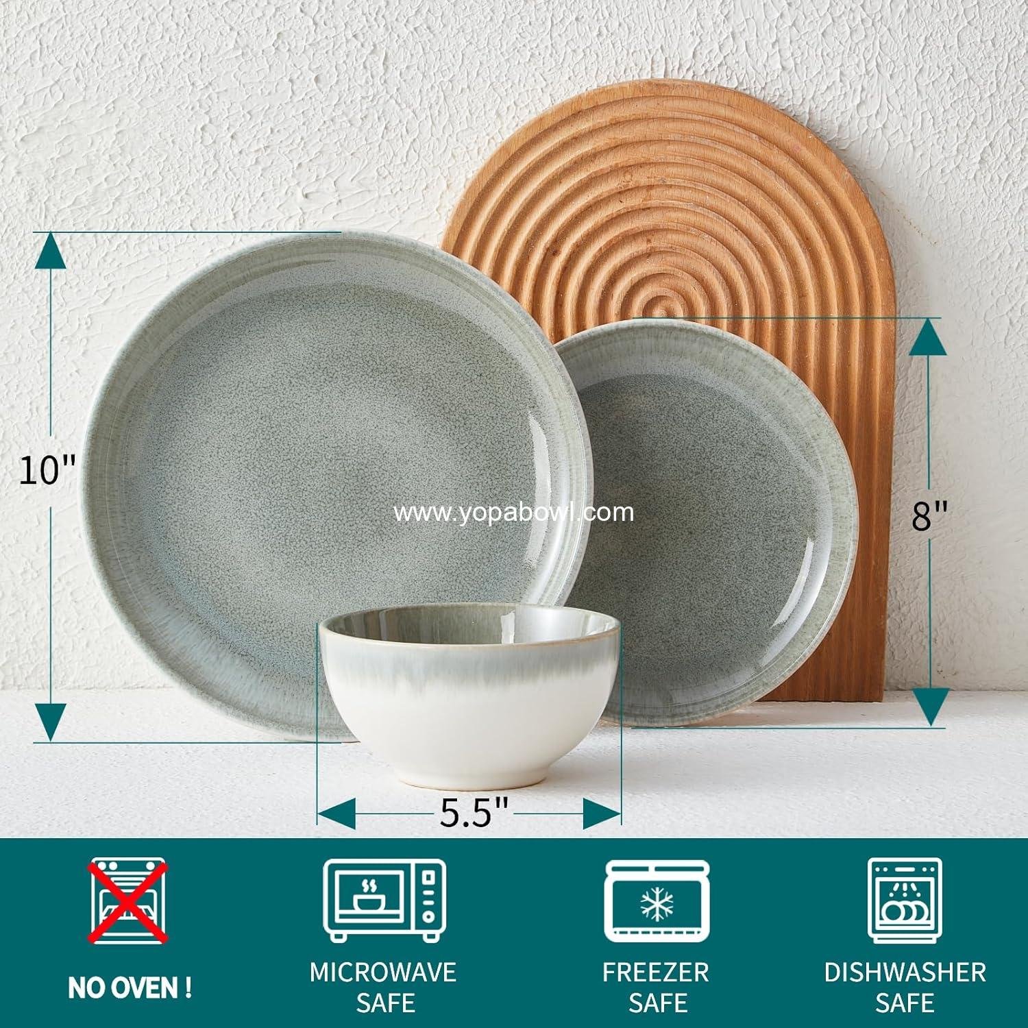 OEM Gradient Green Stoneware Dinnerware Set, 12 pcs Reactive Glaze Plates and Bowls for 4, Handmade Ceramic Round Dishes, Highly Chip and Crack Resistant Modern Plate Set, Factory