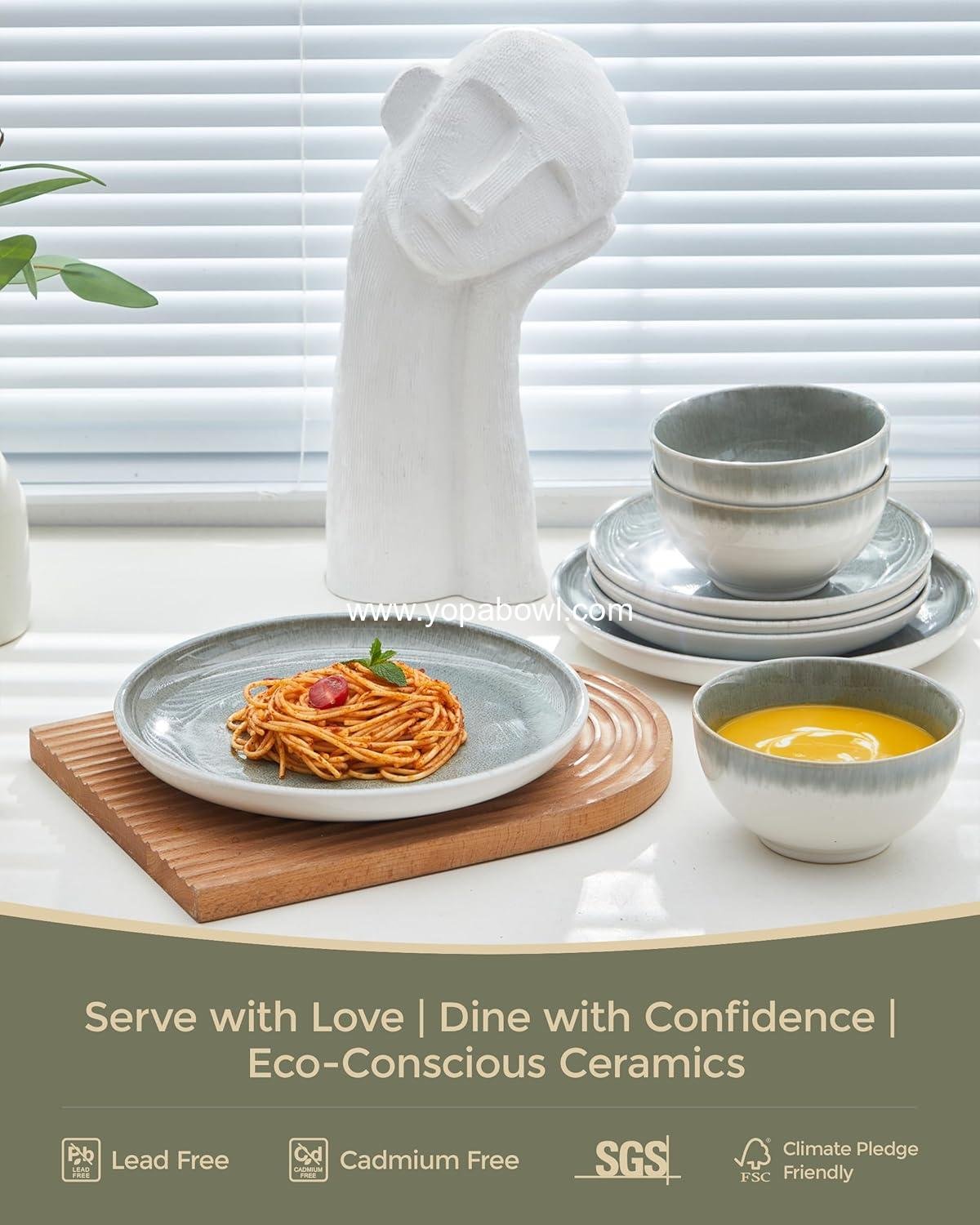 OEM Gradient Green Stoneware Dinnerware Set, 12 pcs Reactive Glaze Plates and Bowls for 4, Handmade Ceramic Round Dishes, Highly Chip and Crack Resistant Modern Plate Set, Factory