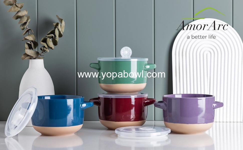 Wholesale 24 Ounce Soup Bowls with Large Handles and Lids, Set of 4 Colorful Stoneware Bowls for Soup, Cereal, Stew, Noodles, Microwave & Dishwasher Safe, Factory Wholesale 24 Ounce Soup Bowls with Large Handles and Lids, Set of 4 Colorful Stoneware Bowls for Soup, Cereal, Stew, Noodles, Microwave & Dishwasher Safe, Factory