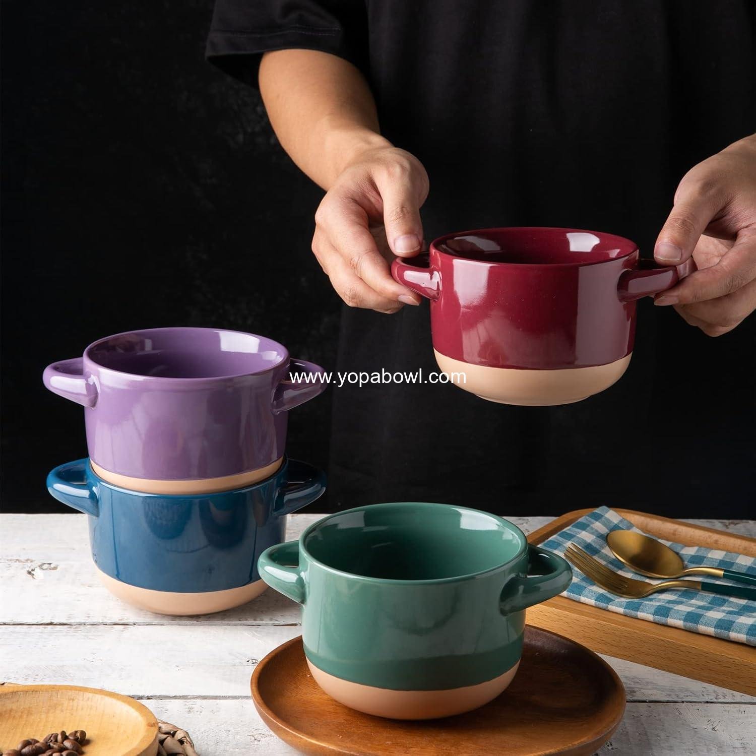 Wholesale 24 Ounce Soup Bowls with Large Handles and Lids, Set of 4 Colorful Stoneware Bowls for Soup, Cereal, Stew, Noodles, Microwave & Dishwasher Safe, Factory Wholesale 24 Ounce Soup Bowls with Large Handles and Lids, Set of 4 Colorful Stoneware Bowls for Soup, Cereal, Stew, Noodles, Microwave & Dishwasher Safe, Factory