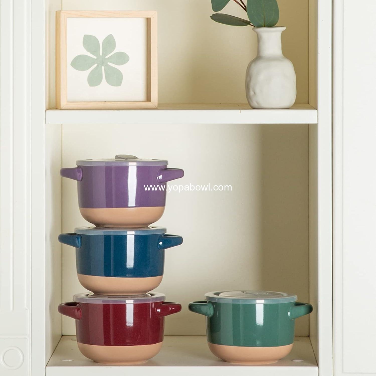 Wholesale 24 Ounce Soup Bowls with Large Handles and Lids, Set of 4 Colorful Stoneware Bowls for Soup, Cereal, Stew, Noodles, Microwave & Dishwasher Safe, Factory Wholesale 24 Ounce Soup Bowls with Large Handles and Lids, Set of 4 Colorful Stoneware Bowls for Soup, Cereal, Stew, Noodles, Microwave & Dishwasher Safe, Factory