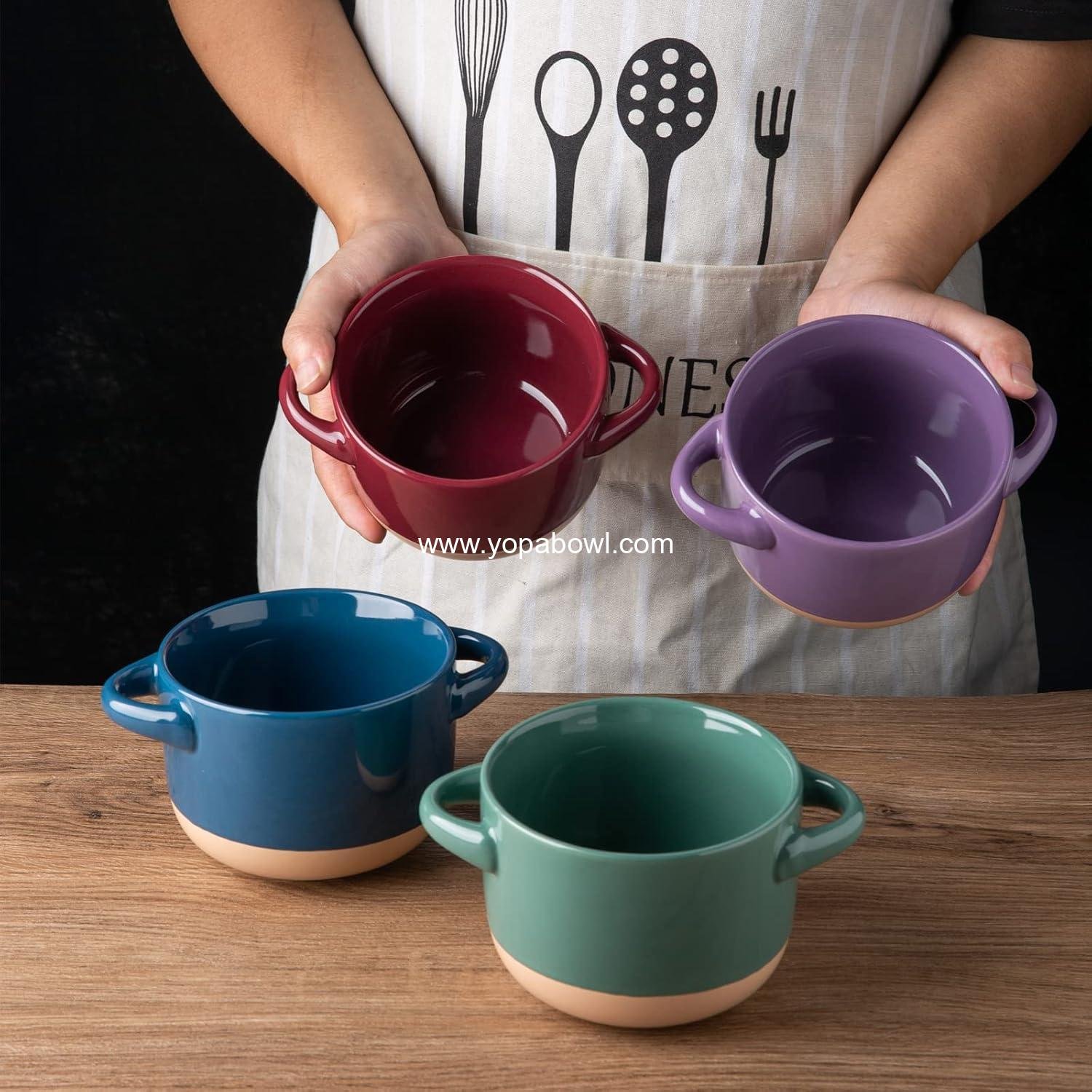 Wholesale 24 Ounce Soup Bowls with Large Handles and Lids, Set of 4 Colorful Stoneware Bowls for Soup, Cereal, Stew, Noodles, Microwave & Dishwasher Safe, Factory Wholesale 24 Ounce Soup Bowls with Large Handles and Lids, Set of 4 Colorful Stoneware Bowls for Soup, Cereal, Stew, Noodles, Microwave & Dishwasher Safe, Factory