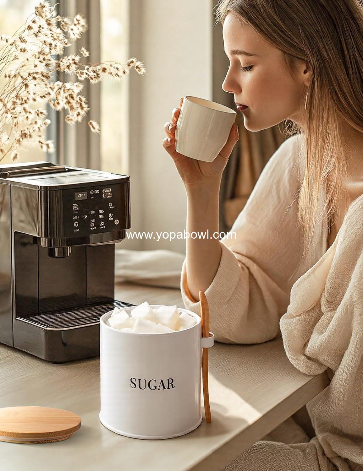 Wholesale Airtight 17oz Sugar Bowl with Lid and Spoon - Metal Sugar Container for Coffee Bar - Kitchen Decor (White) Factory