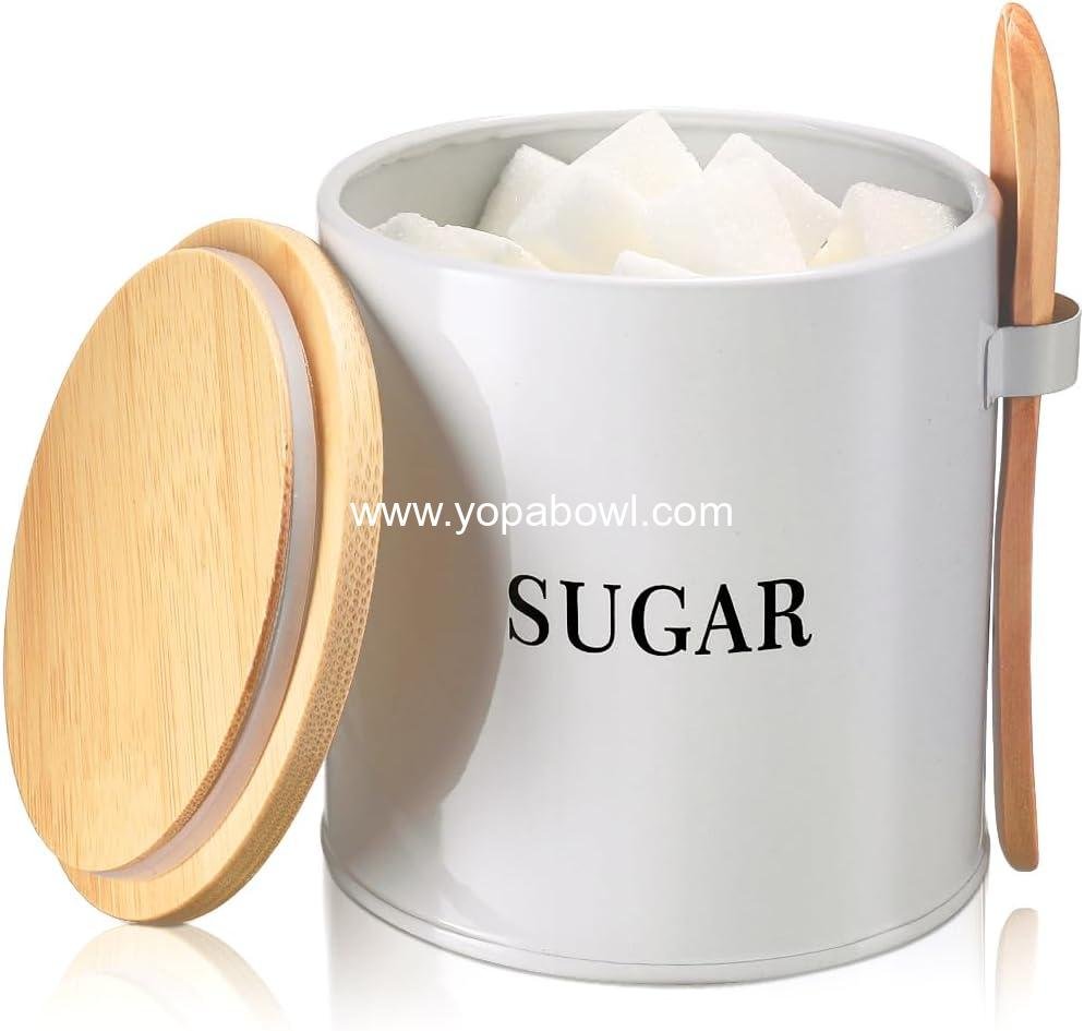 AISBUGUR Sugar Bowl with Lid and Spoon: 17oz Metal Sugar Container - Airtight Food Sugar Jar - Coffee Bar Accessories - Countertop Kitchen Decor (White)