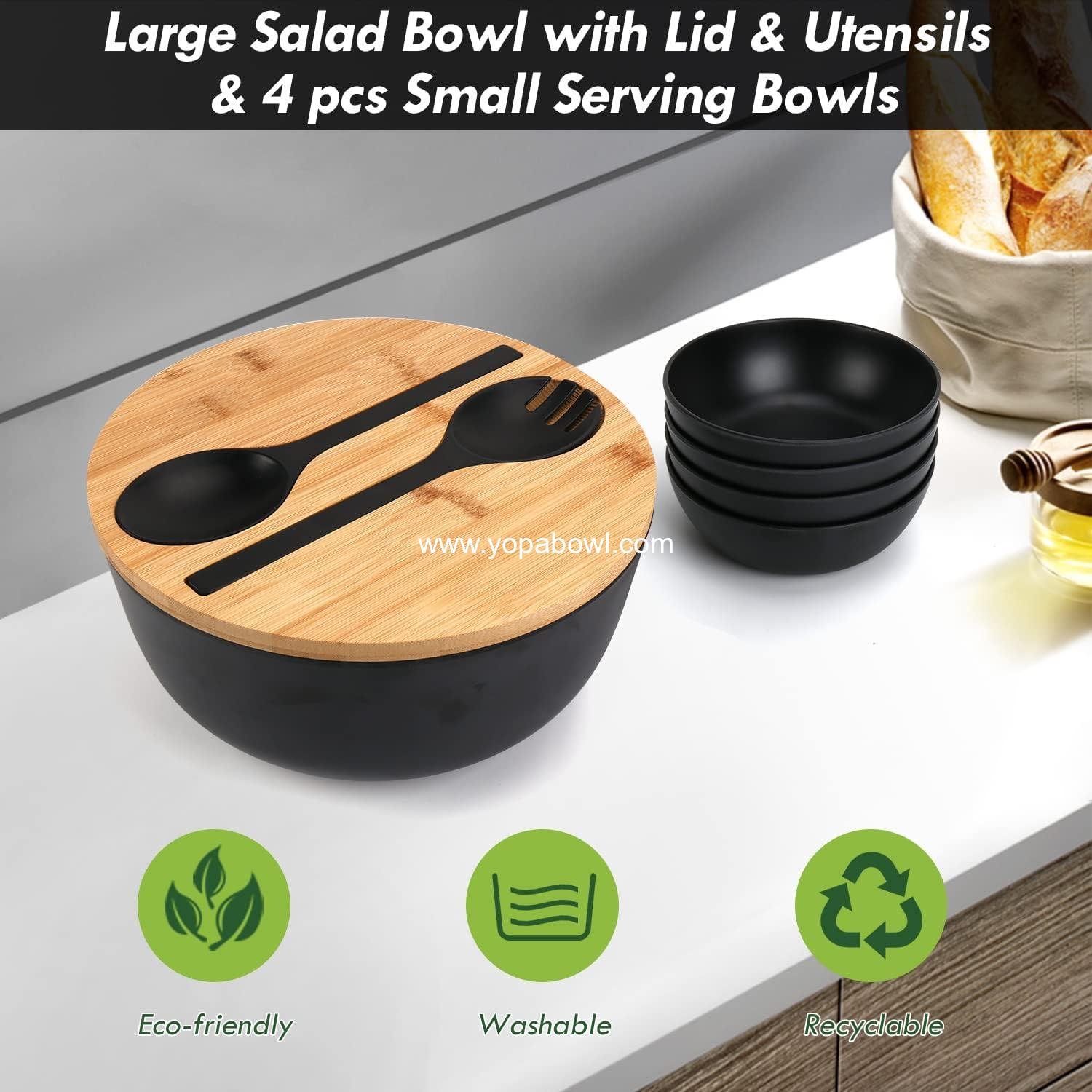 Wholesale Large Salad Bowl Set with Lid and Servers, Bamboo Salad Bowl with 4 Small Serving Bowls, 9.8-Inch Solid Kitchen Bowl for Fruits, Vegetables, and Pasta (Black) Factory