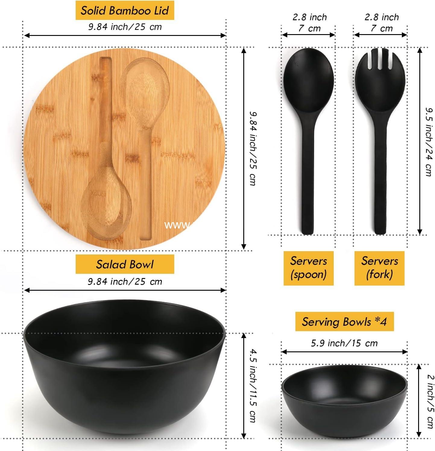 Wholesale Large Salad Bowl Set with Lid and Servers, Bamboo Salad Bowl with 4 Small Serving Bowls, 9.8-Inch Solid Kitchen Bowl for Fruits, Vegetables, and Pasta (Black) Factory