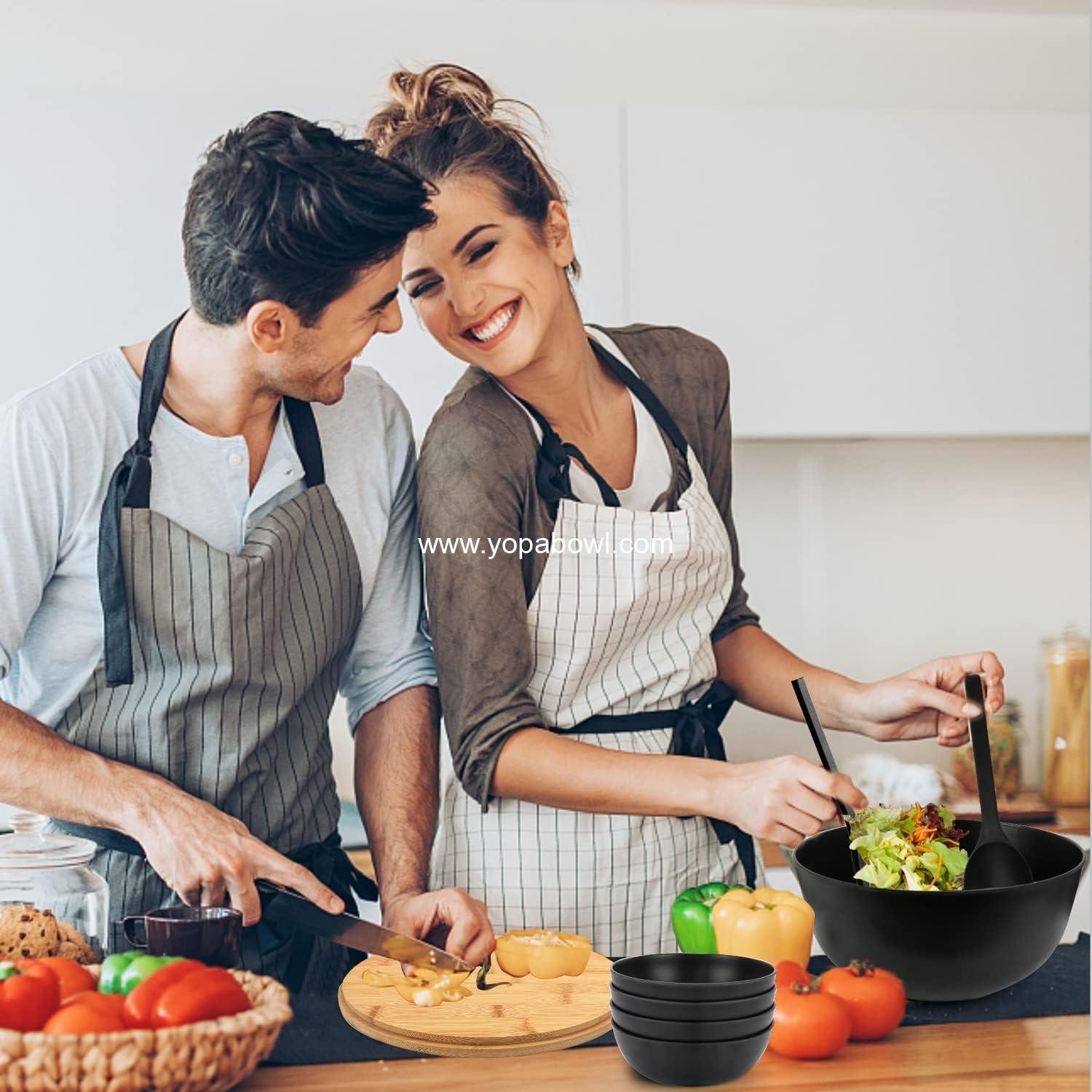 Wholesale Large Salad Bowl Set with Lid and Servers, Bamboo Salad Bowl with 4 Small Serving Bowls, 9.8-Inch Solid Kitchen Bowl for Fruits, Vegetables, and Pasta (Black) Factory
