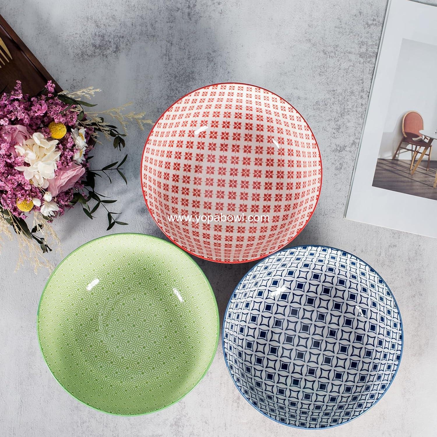 Wholesale Large 60 oz Ceramic Serving Bowls - 8 Inch Salad Bowls Set - Big Soup, Pho, Fruit, Pasta, Popcorn Bowls - Microwave & Dishwasher Safe - Set of 3 Factory