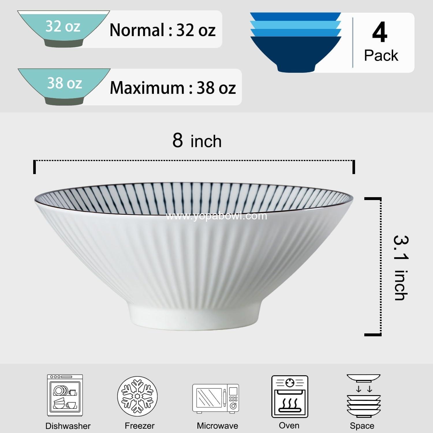 Wholesale 38 oz Ramen Bowls Set of 4, Large 8 Inch Ceramic Soup Bowls in Blue and White Mixing Pattern - Factory