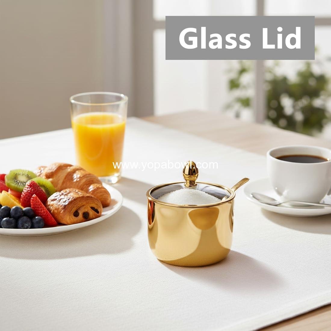 Wholesale Gold Sugar Bowl 10oz with Glass Lid and Spoon for Kitchen Storage - Sugar Container for Salt, Candy, Coffee Beans, Factory