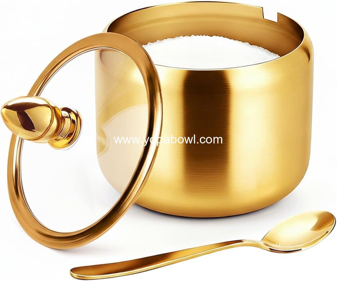 Coffee Bar Accessories Sugar Container with Glass Lid and Spoon, 10oz Gold Sugar Bowl for Kitchen Storage, Sugar Jar for Salt, Candy, Coffee Bean, Gold