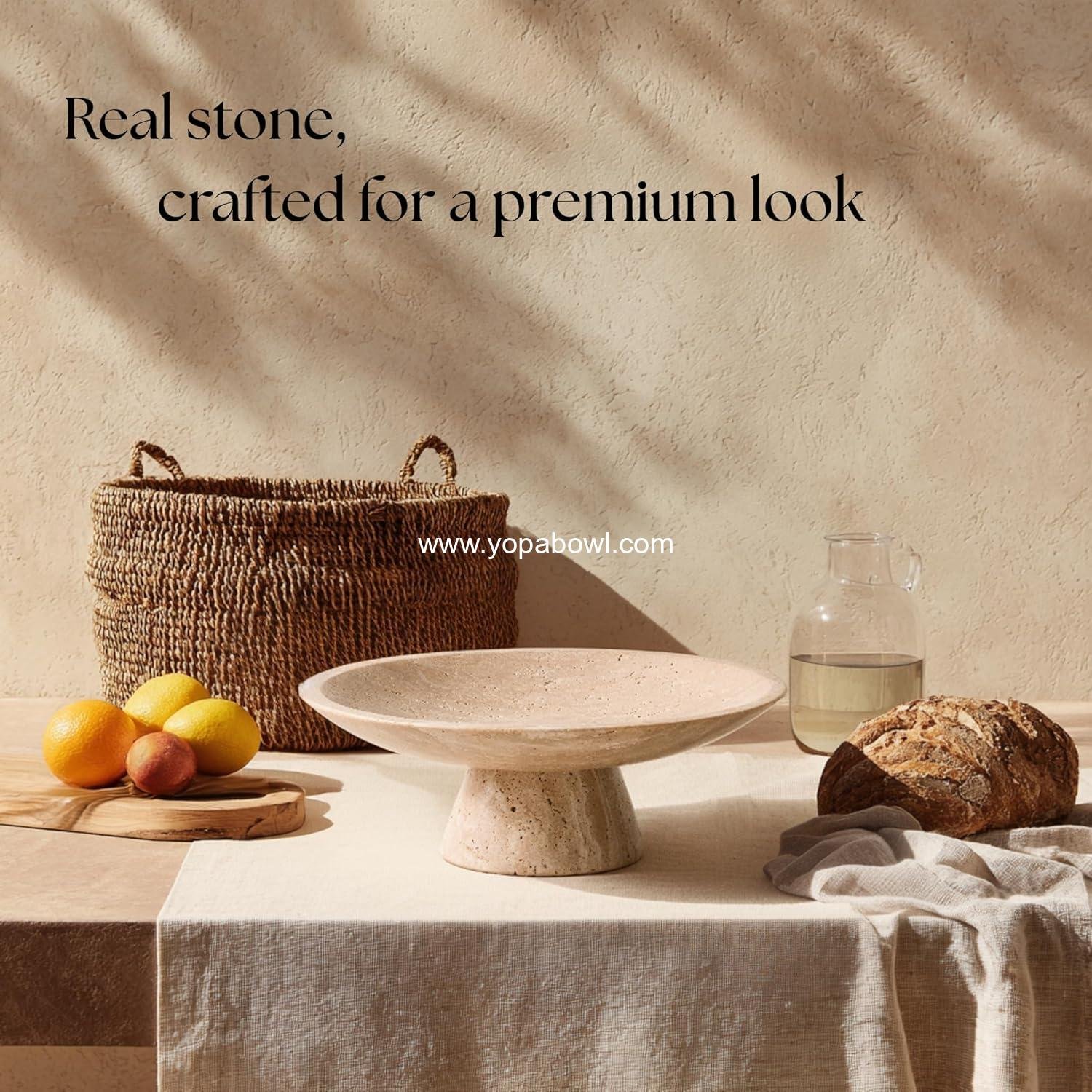 Wholesale Large Travertine Stone Fruit Bowl, Footed Marble Centerpiece, Home Decor Factory