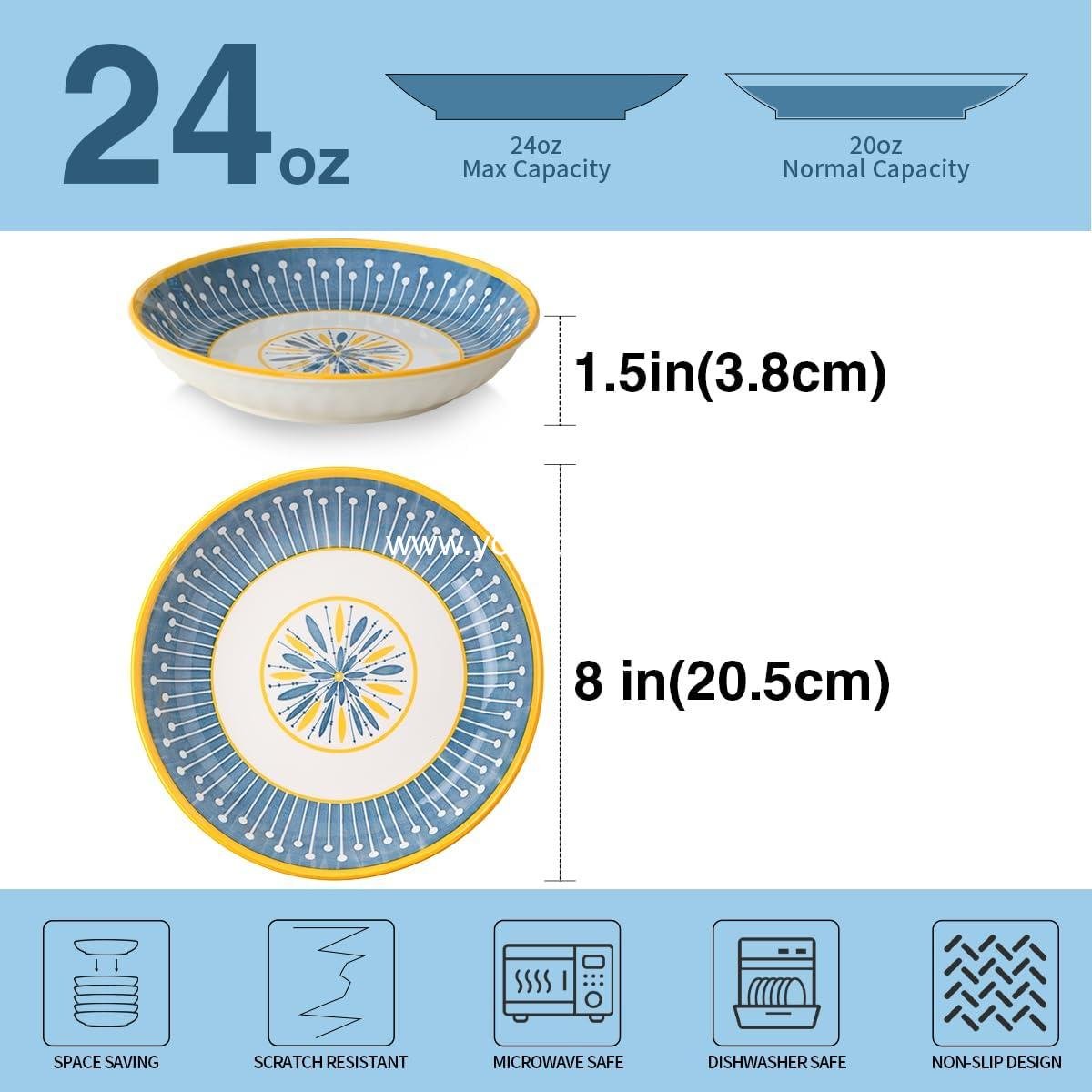 Wholesale 24 Oz Ceramic Pasta Bowls Set of 4, 8 Inch Colorful Serving Bowls for Pasta, Salad, Oatmeal, and Fruit, Easy to Clean, Dishwasher & Microwave Safe, Scratch-Resistant, Lead-Free Factory