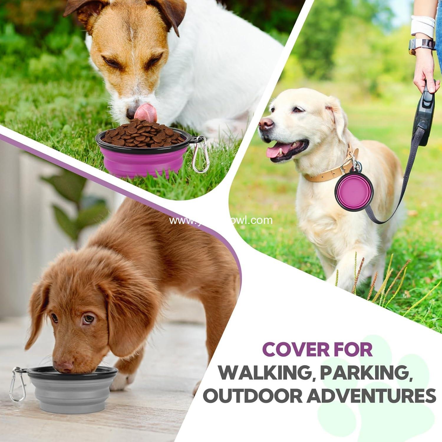 Wholesale Collapsible Dog Bowl 2 Pack - Portable 12oz Pet Water and Feeding Bowls for Travel, Camping, and Walking with 2 Carabiners Clip - Small Grey and Purple - Factory