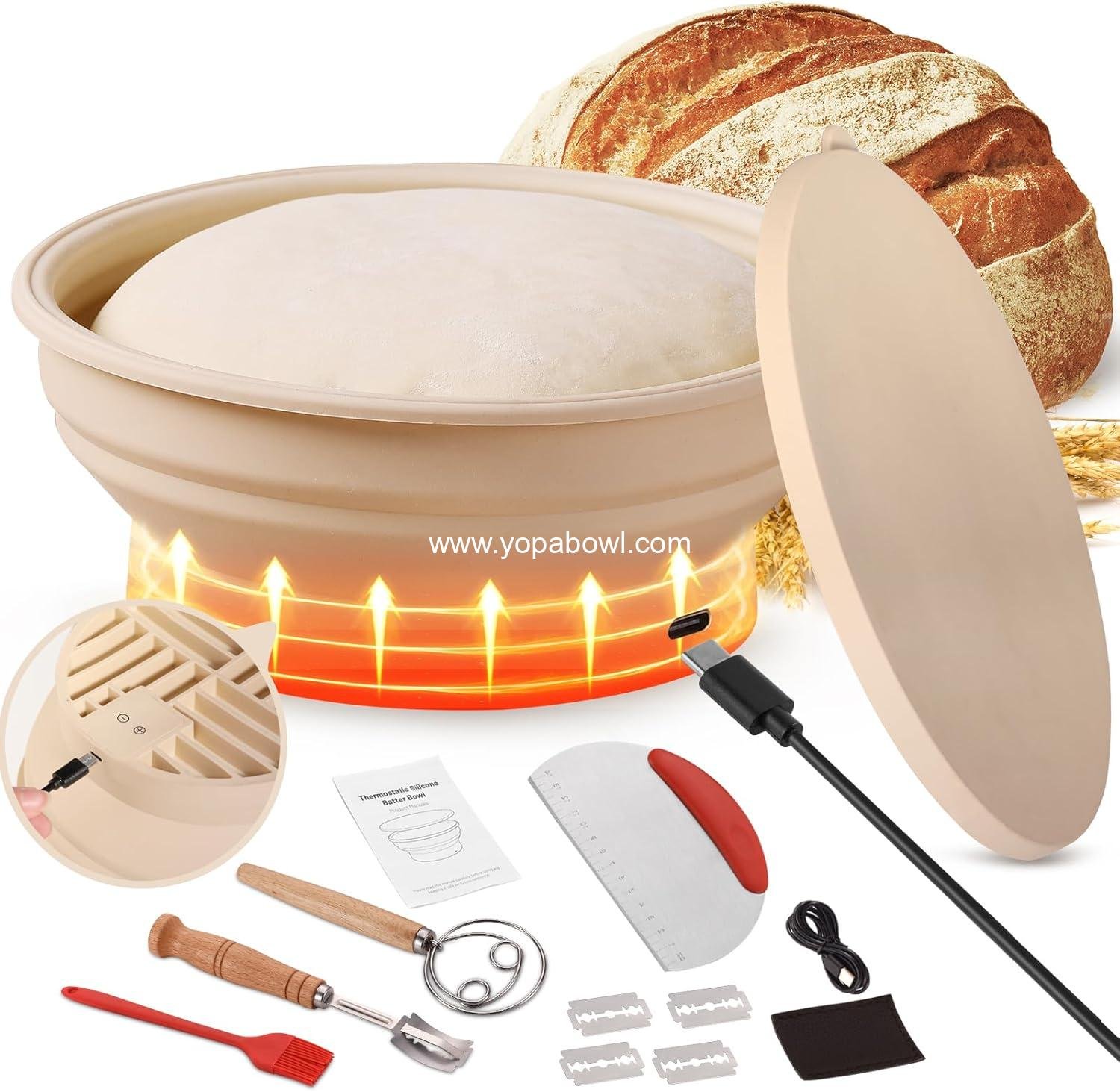 Wholesale Heating Sourdough Bread Proofing Basket Set with Electric Thermostatic Silicone Batter Bowl, 9 Inch Round Foldable Proofing Bowl, Banneton Baking Supplies, Factory