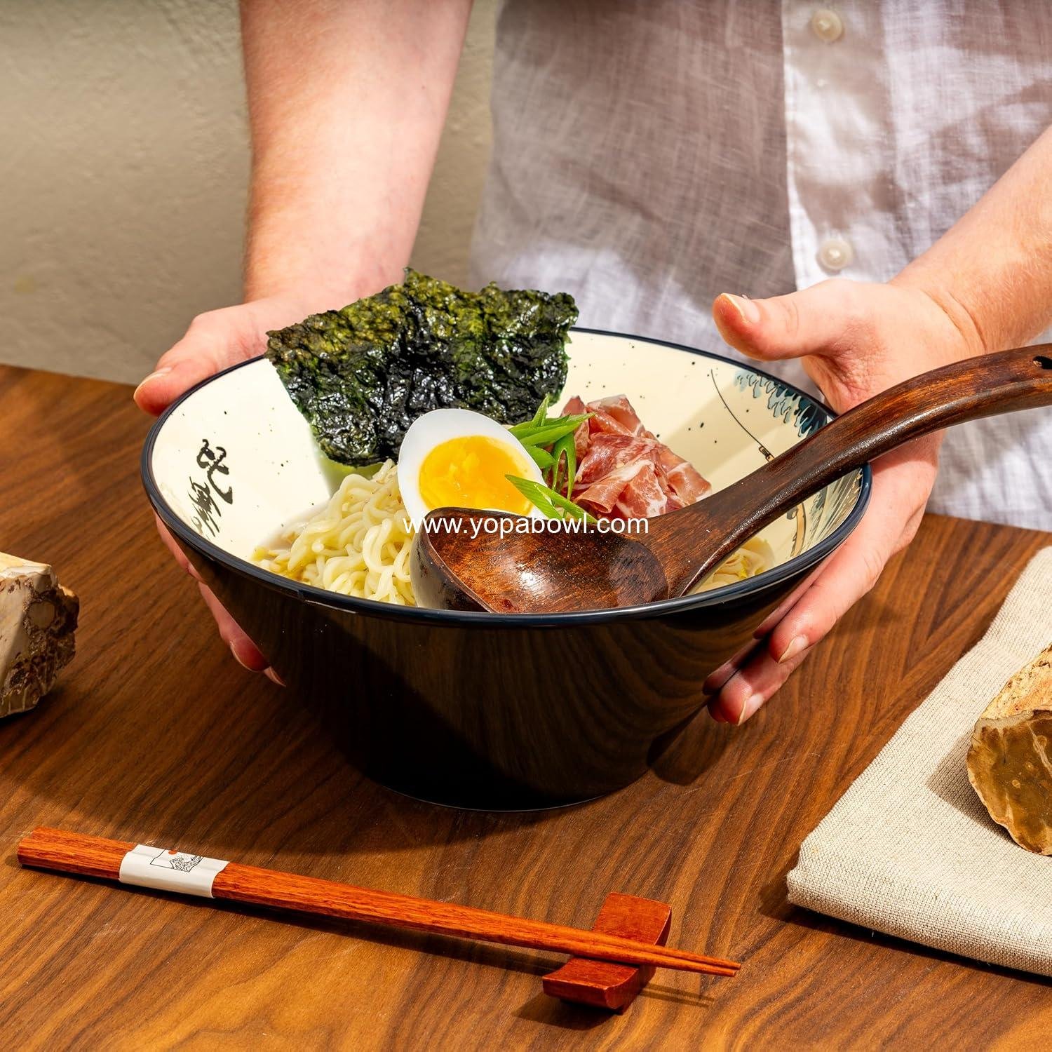 OEM Japanese Ramen Bowl Set - 60oz Large Ceramic Bowls with Great Wave Design, Includes Spoons and Chopsticks for Ramen, Pho, Salad, Poke - Premium Gift for Ramen Lovers - Microwave & Dishwasher Safe - Factory