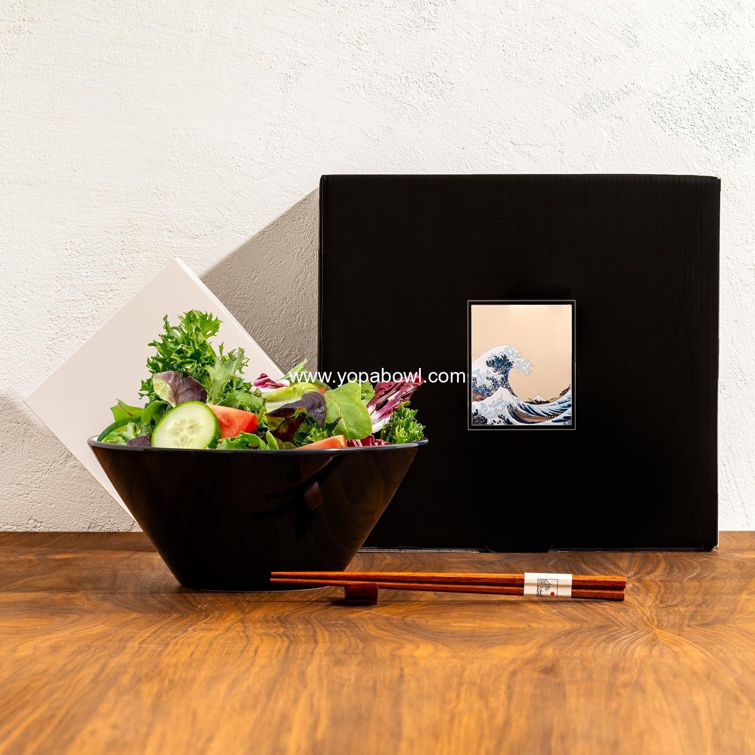 OEM Japanese Ramen Bowl Set - 60oz Large Ceramic Bowls with Great Wave Design, Includes Spoons and Chopsticks for Ramen, Pho, Salad, Poke - Premium Gift for Ramen Lovers - Microwave & Dishwasher Safe - Factory