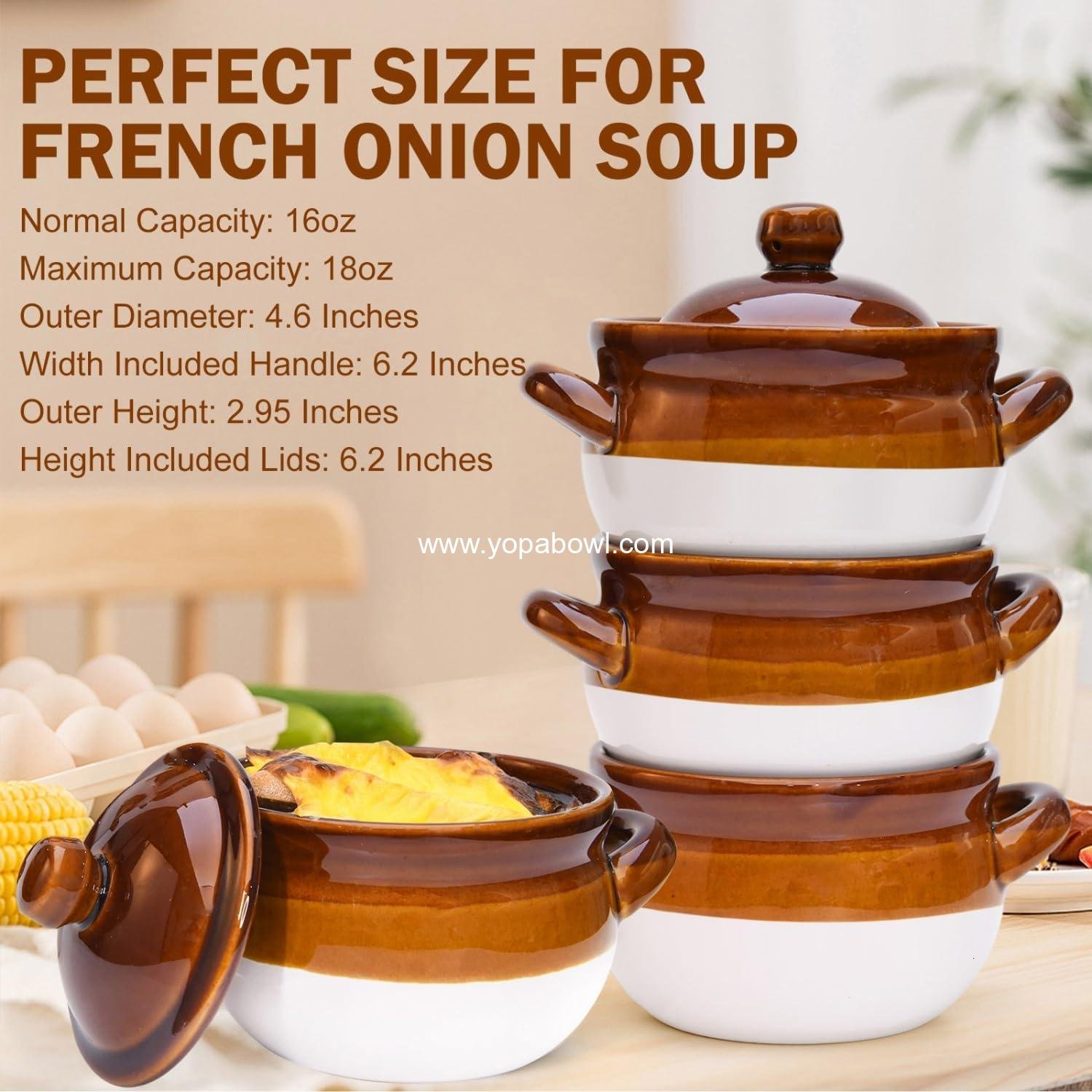 Wholesale French Onion Soup Bowls with Lids and Handles, 16 oz Ceramic Crocks for Chili, Cereal, Pot Pies, Oven and Dishwasher Safe, Set of 4 Manufacturer