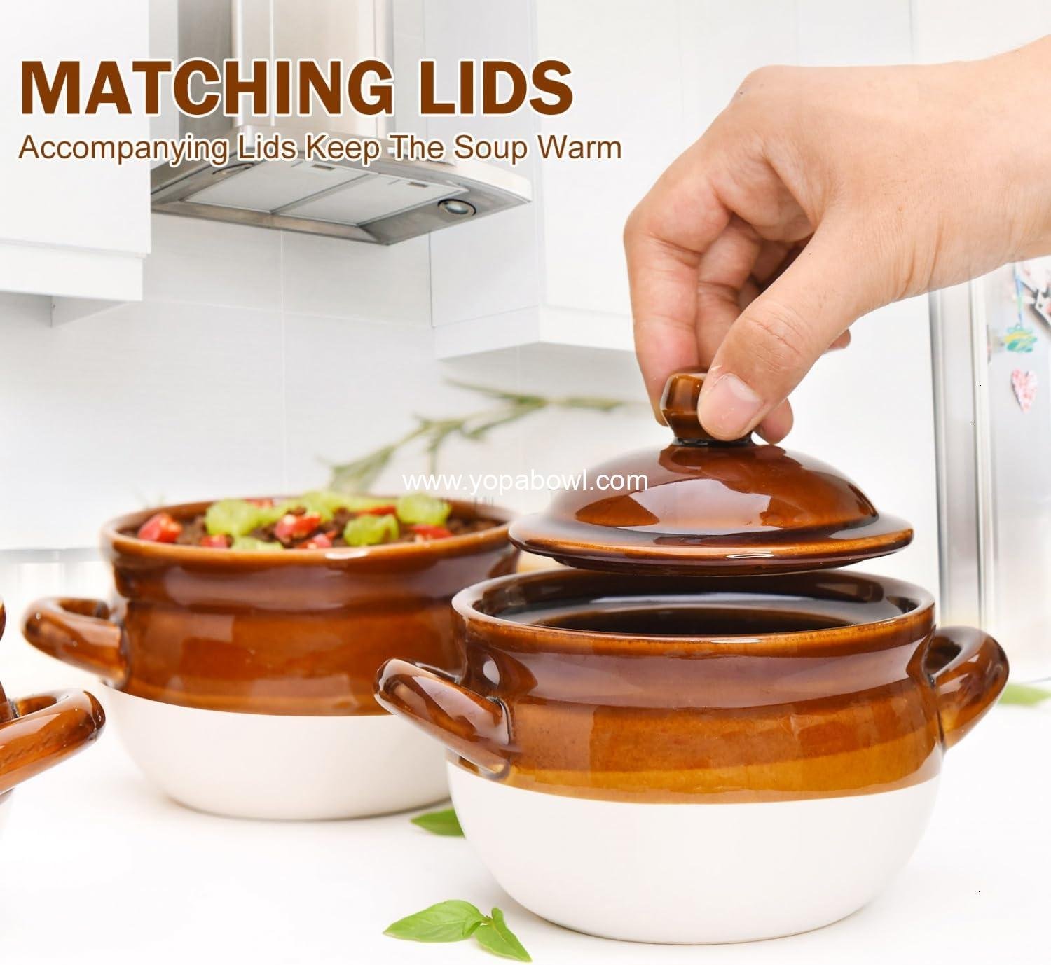 Wholesale French Onion Soup Bowls with Lids and Handles, 16 oz Ceramic Crocks for Chili, Cereal, Pot Pies, Oven and Dishwasher Safe, Set of 4 Manufacturer