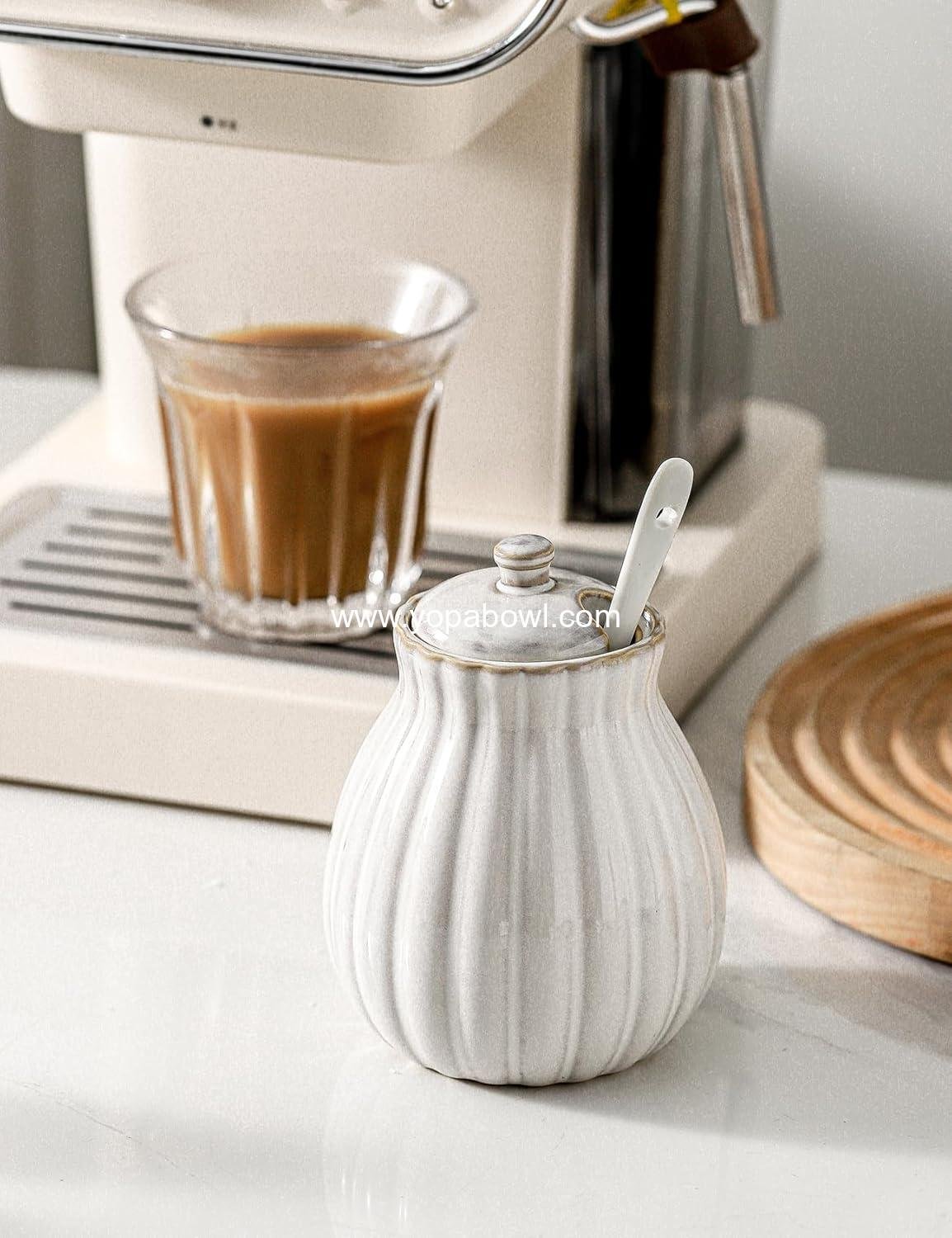 Wholesale Ceramic Sugar Bowl with Lid and Spoon, Sugar Jar Holder for Coffee Bar, Glazed White Sugar Dispenser for Sea Salt and Spices - Factory Wholesale Ceramic Sugar Bowl with Lid and Spoon, Sugar Jar Holder for Coffee Bar, Glazed White Sugar Dispenser for Sea Salt and Spices - Factory