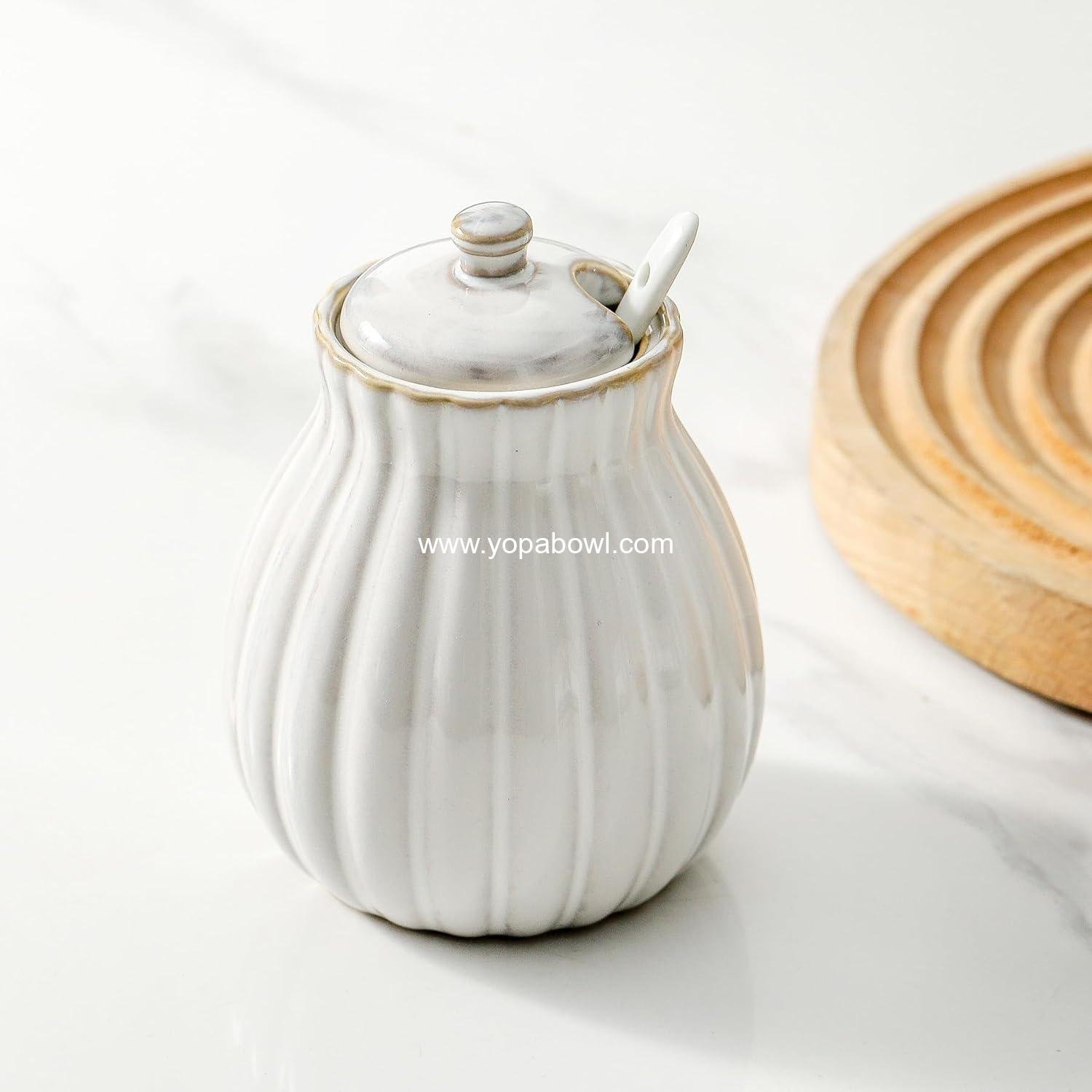 Sugar Bowl with Lid and Spoon, Ceramic Sugar Container for Coffee Bar, Sugar Jar Holder Sugar Dispenser Bowl for Sea Salt, Spice and Sugar, Glazed White