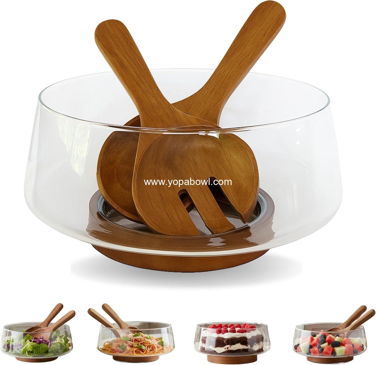 Large Glass Salad Bowl Set with Acacia Wood Base & Salad Servers – Elegant Serving Bowl for Salads, Pasta, Fruit & Snacks – Easy-Clean Modern Serveware, Perfect for Hosting & Housewarming Gifts
