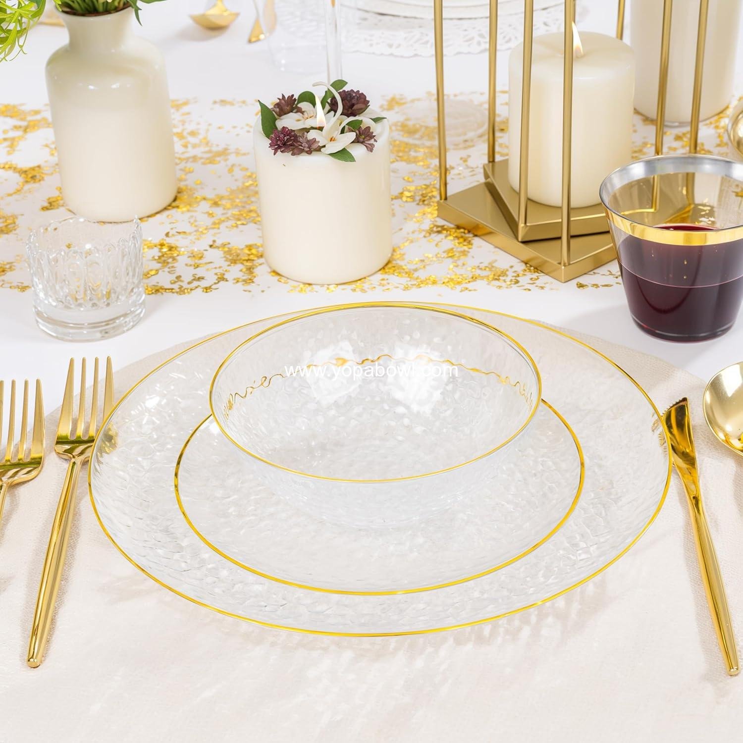 Wholesale 50 Pack 12oz Clear Plastic Serving Bowls, Hammered with Gold Rim, Heavy-Duty Disposable Small Bowls for Christmas Party Factory