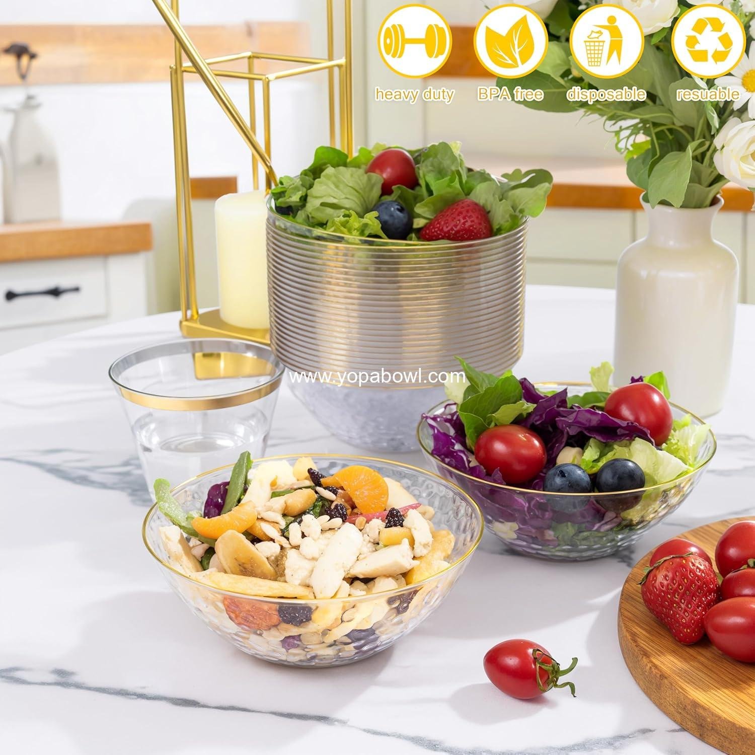 Wholesale 50 Pack 12oz Clear Plastic Serving Bowls, Hammered with Gold Rim, Heavy-Duty Disposable Small Bowls for Christmas Party Factory