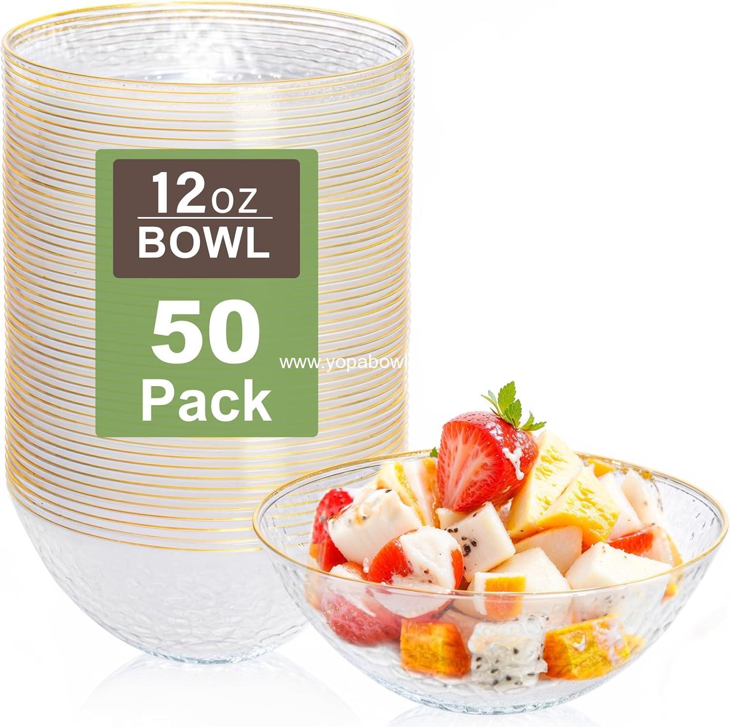 I00000 50 Pack 12 Ounce Clear Plastic Bowls Serving Bowls Hammered with Gold Rimmed, Heavy Duty Disposable Bowl Set,Small Bowls for Christmas Party