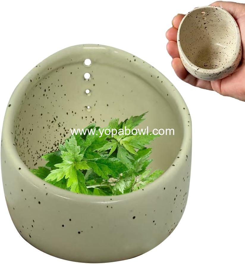 Pottery Herb Stripper Bowl, 2025 Upgrade Pottery Herb Stripper Cup Ceramic Herb Peeling Cup, Handmade Different Round Hole Sizes Suitable for Peeling Off The Leafy Assembly (B)