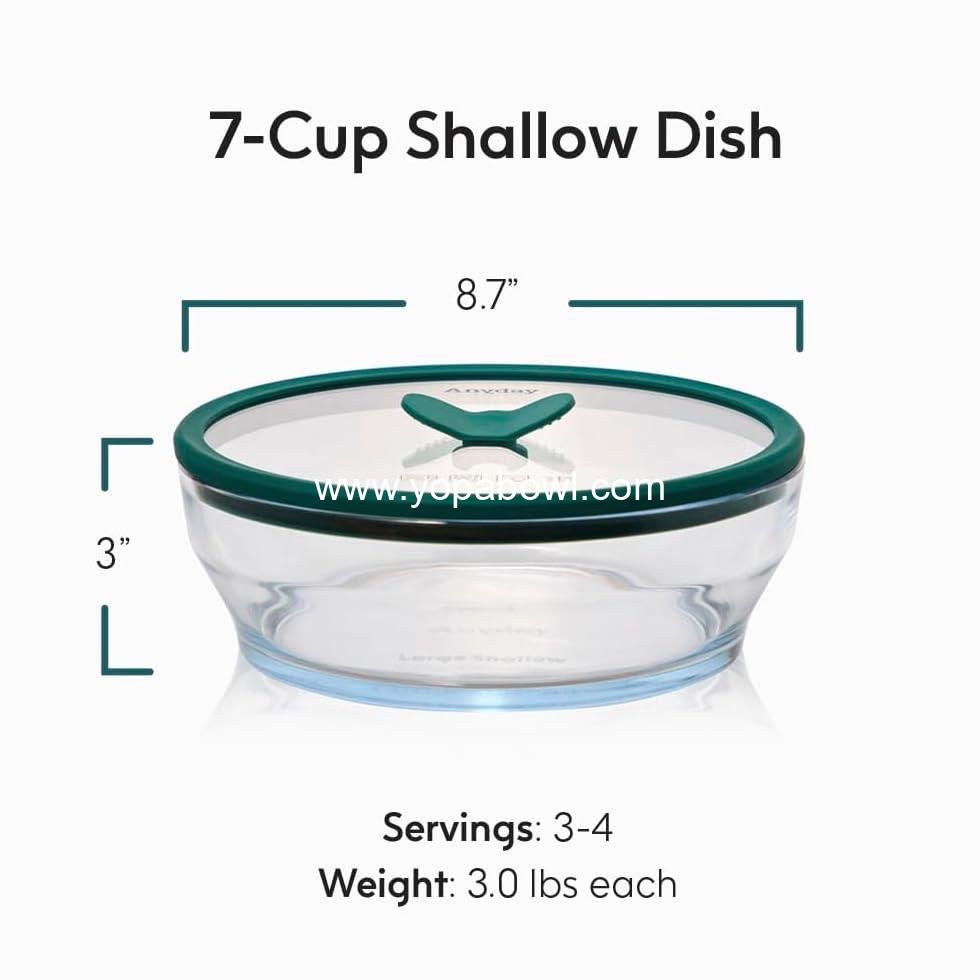 Wholesale 7-Cup Glass Food Storage with Glass Lid, Round Shallow Dish | Plastic-Free Meal Prep & Microwave Cookware | Stackable Airtight Container with Vented Lid for Microwave Reheating Factory