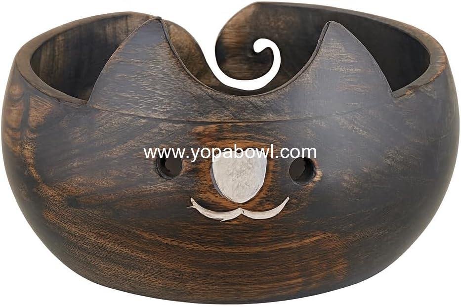 Christmas Gifts for Women Cat Yarn Bowl Knitting Bowl Large Crochet Yarn Holder YB2203 Handmade Crocheting Accessories and Supplies Organizer 7 x 3 Wooden White Elephant Gifts