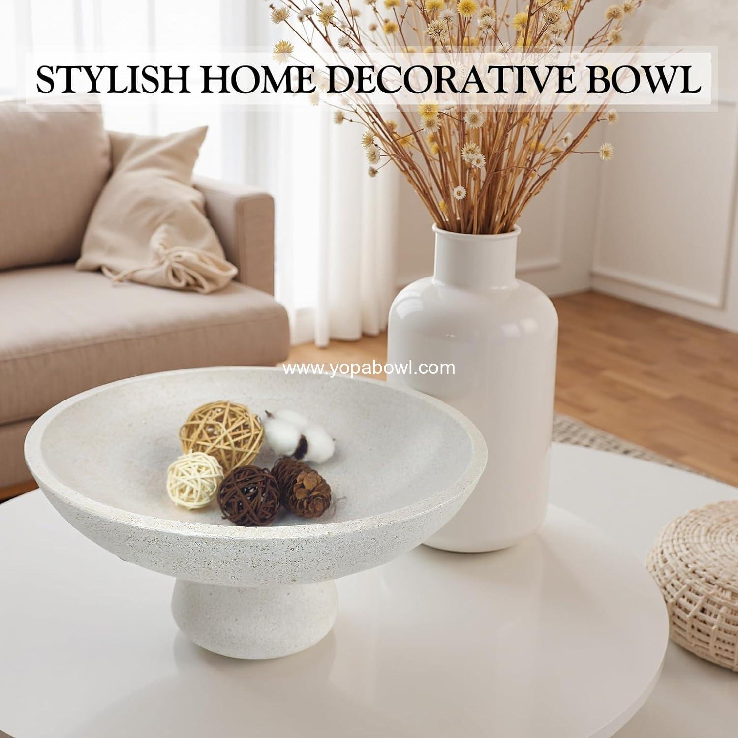 Wholesale Large Decorative Fruit Bowl - Modern Handcrafted Resin Pedestal Bowl for Kitchen Counter, Entryway Key Holder & Table Centerpiece, Off-White Travertine Stone Bowl - Factory