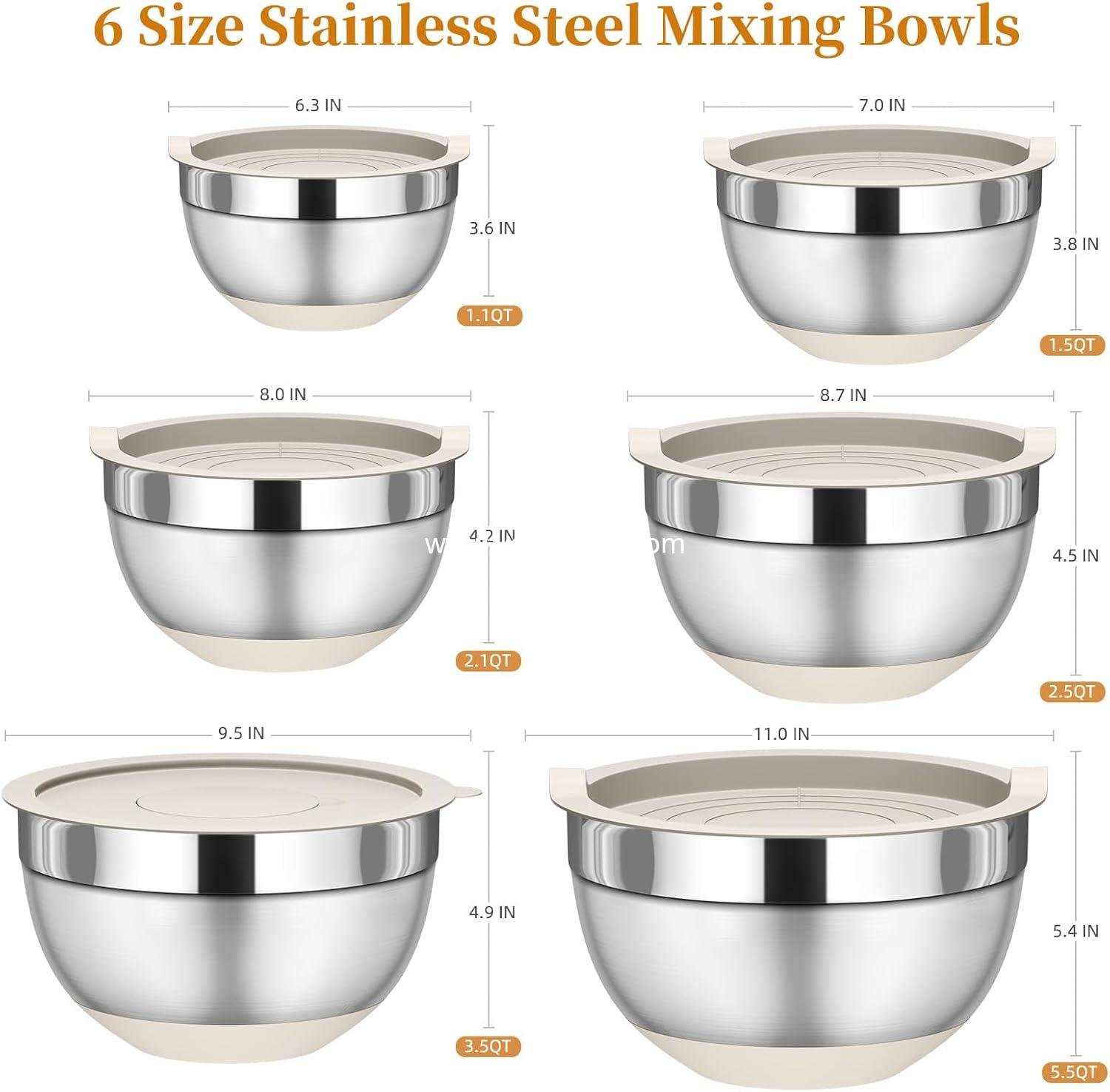 Wholesale Mixing Bowls with Lids Set, 6 Piece Stainless Steel Nesting Bowls for Kitchen, Includes 3 Grater Attachments & Non-Slip Bottoms, Sizes: 5.5 QT, 3.5 QT, 2.5 QT, 2.1 QT, 1.5 QT, 1.1 QT, Factory Wholesale Mixing Bowls with Lids Set, 6 Piece Stainless Steel Nesting Bowls for Kitchen, Includes 3 Grater Attachments & Non-Slip Bottoms, Sizes: 5.5 QT, 3.5 QT, 2.5 QT, 2.1 QT, 1.5 QT, 1.1 QT, Factory