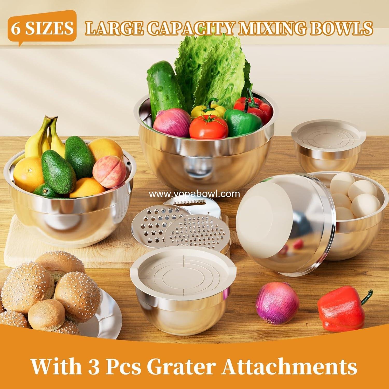Wholesale Mixing Bowls with Lids Set, 6 Piece Stainless Steel Nesting Bowls for Kitchen, Includes 3 Grater Attachments & Non-Slip Bottoms, Sizes: 5.5 QT, 3.5 QT, 2.5 QT, 2.1 QT, 1.5 QT, 1.1 QT, Factory Wholesale Mixing Bowls with Lids Set, 6 Piece Stainless Steel Nesting Bowls for Kitchen, Includes 3 Grater Attachments & Non-Slip Bottoms, Sizes: 5.5 QT, 3.5 QT, 2.5 QT, 2.1 QT, 1.5 QT, 1.1 QT, Factory