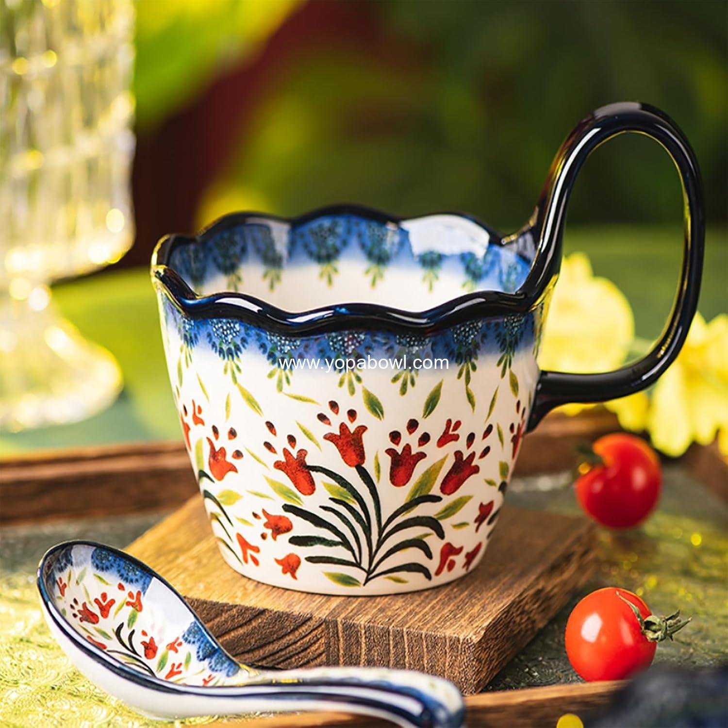 Wholesale Handpainted Ceramic Soup Bowl with Handle - Ideal for Soup, Ice Cream, Fruits, Snacks, Microwave & Dishwasher Safe (Polish Red Flower) Factory