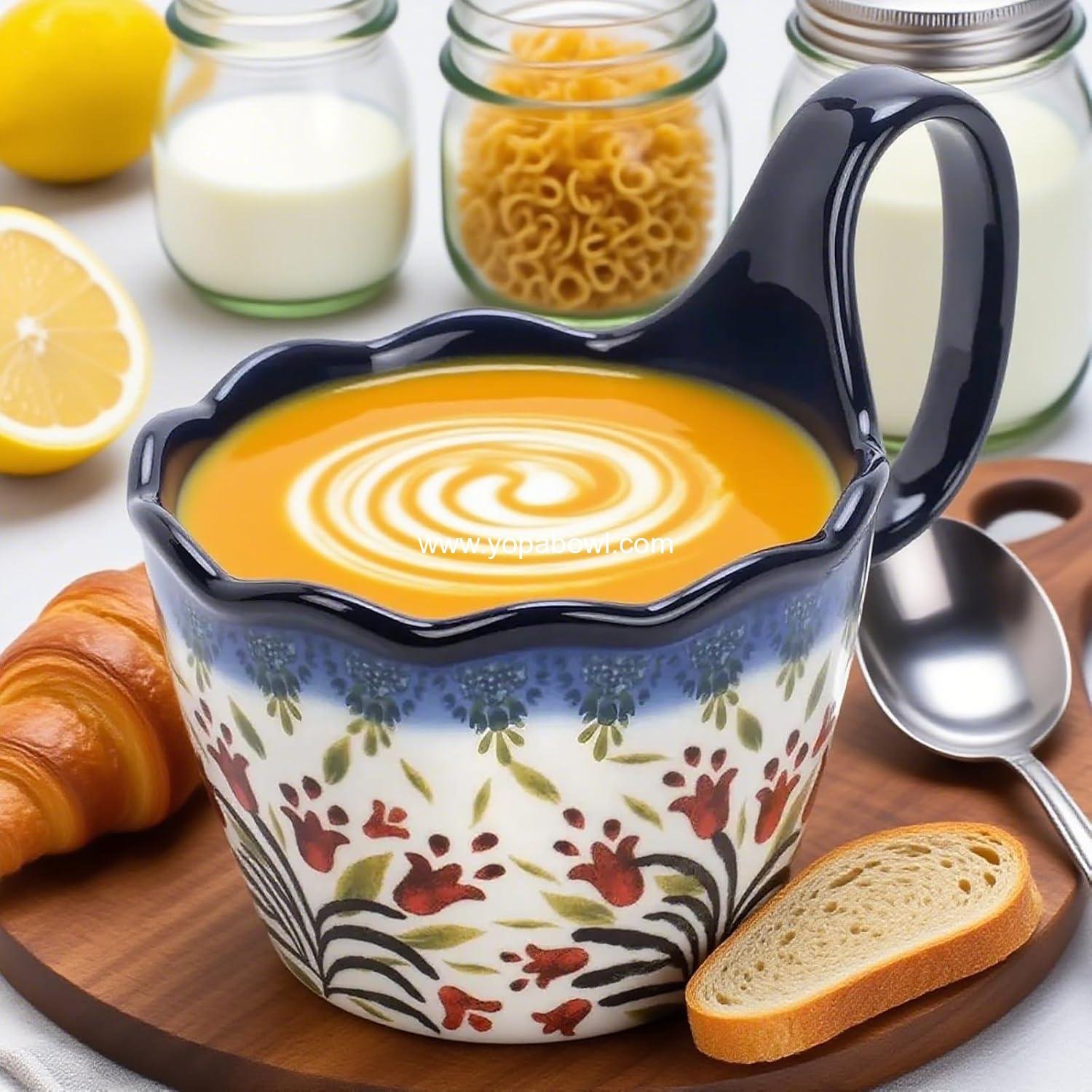 Wholesale Handpainted Ceramic Soup Bowl with Handle - Ideal for Soup, Ice Cream, Fruits, Snacks, Microwave & Dishwasher Safe (Polish Red Flower) Factory