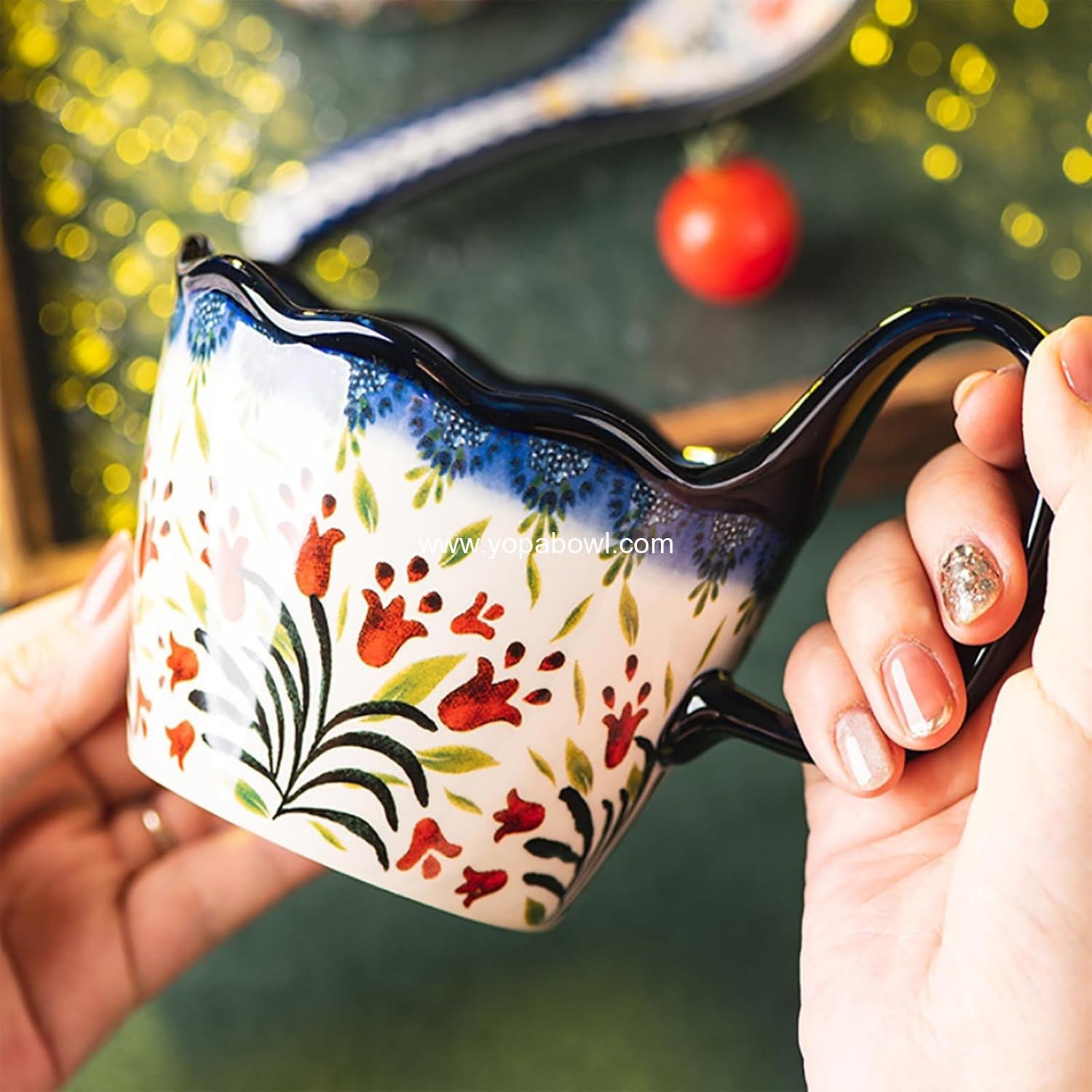 Wholesale Handpainted Ceramic Soup Bowl with Handle - Ideal for Soup, Ice Cream, Fruits, Snacks, Microwave & Dishwasher Safe (Polish Red Flower) Factory
