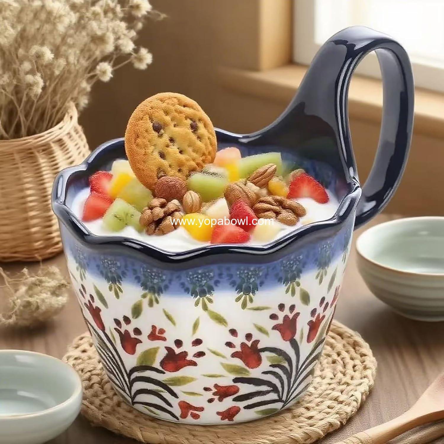 Wholesale Handpainted Ceramic Soup Bowl with Handle - Ideal for Soup, Ice Cream, Fruits, Snacks, Microwave & Dishwasher Safe (Polish Red Flower) Factory