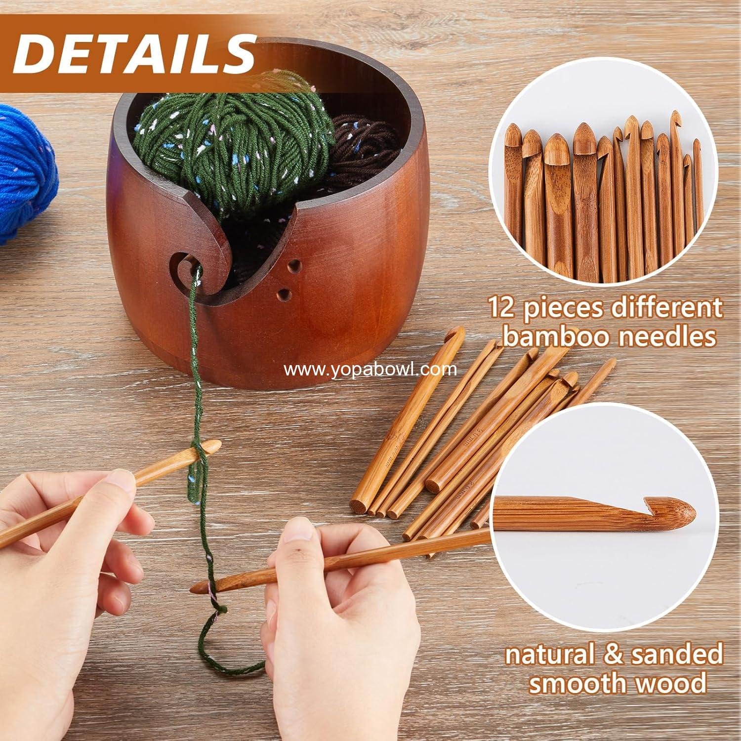 Wholesale 6.7 x 6.7 x 4.7 Inch Wooden Yarn Bowl for Crocheting and Knitting with 12 Crochet Hooks for DIY Crafts Tools (Dark Brown) Factory